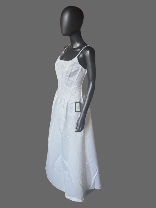 White Satin Basque Waist Embroidered Corset Bodice (no train) Wedding Gown - Jaqueline