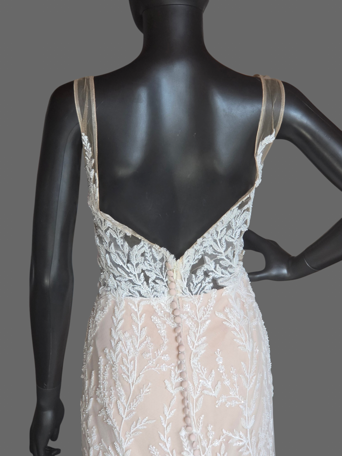 Nude/Ivory Beaded Floral V-Neck Illusion Bodice Fit/Flare Wedding Gown - Justin Alexander