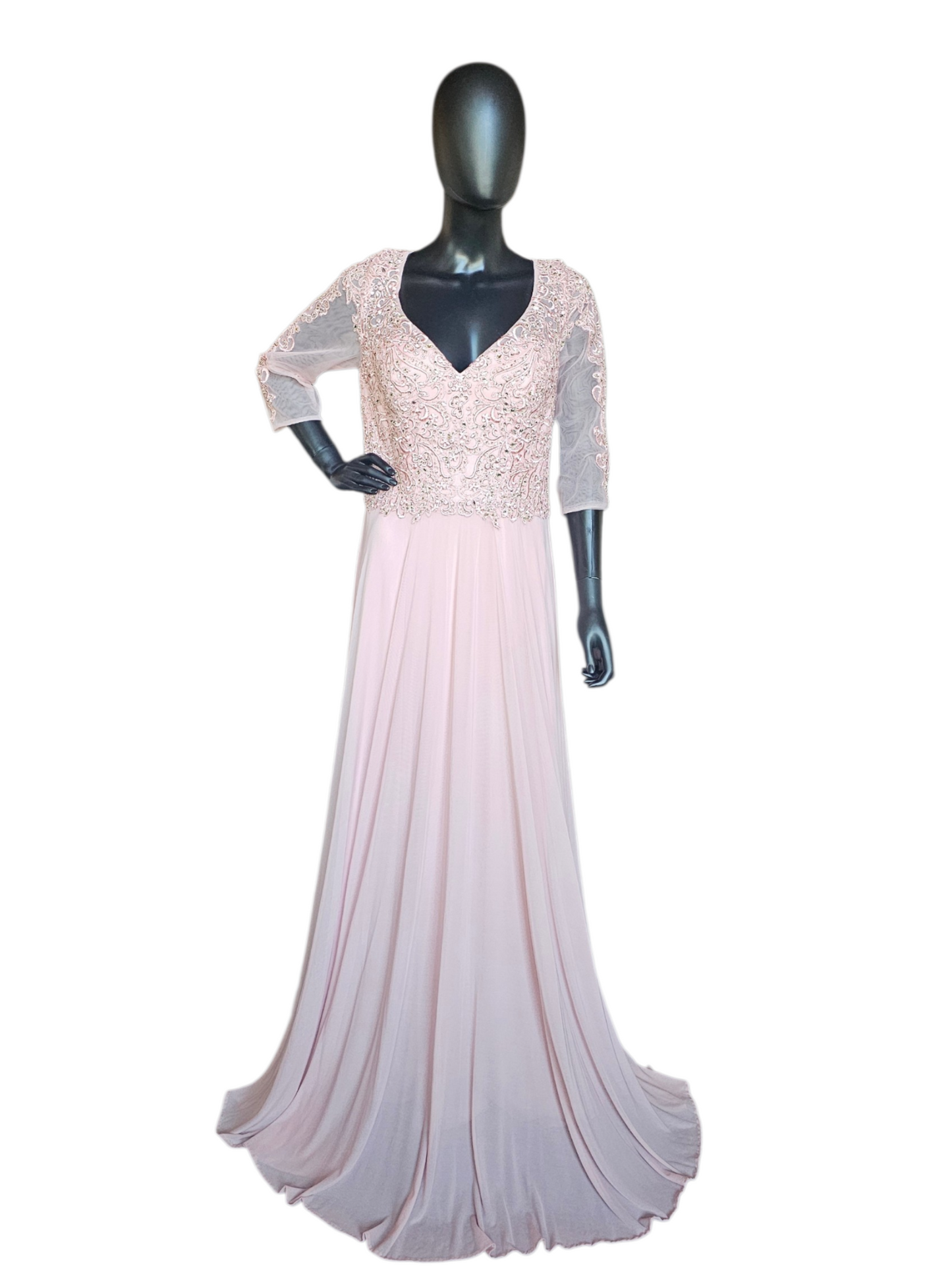 Rose  A-Line Long Sleeve Rhinestone Lace Chiffon Illusion Back Moms Dress  - MGNY