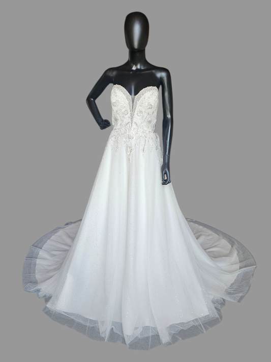 White Sparkle A-Line Strapless Sweetheart Drop Sleeve Wedding Gown - Mori Lee