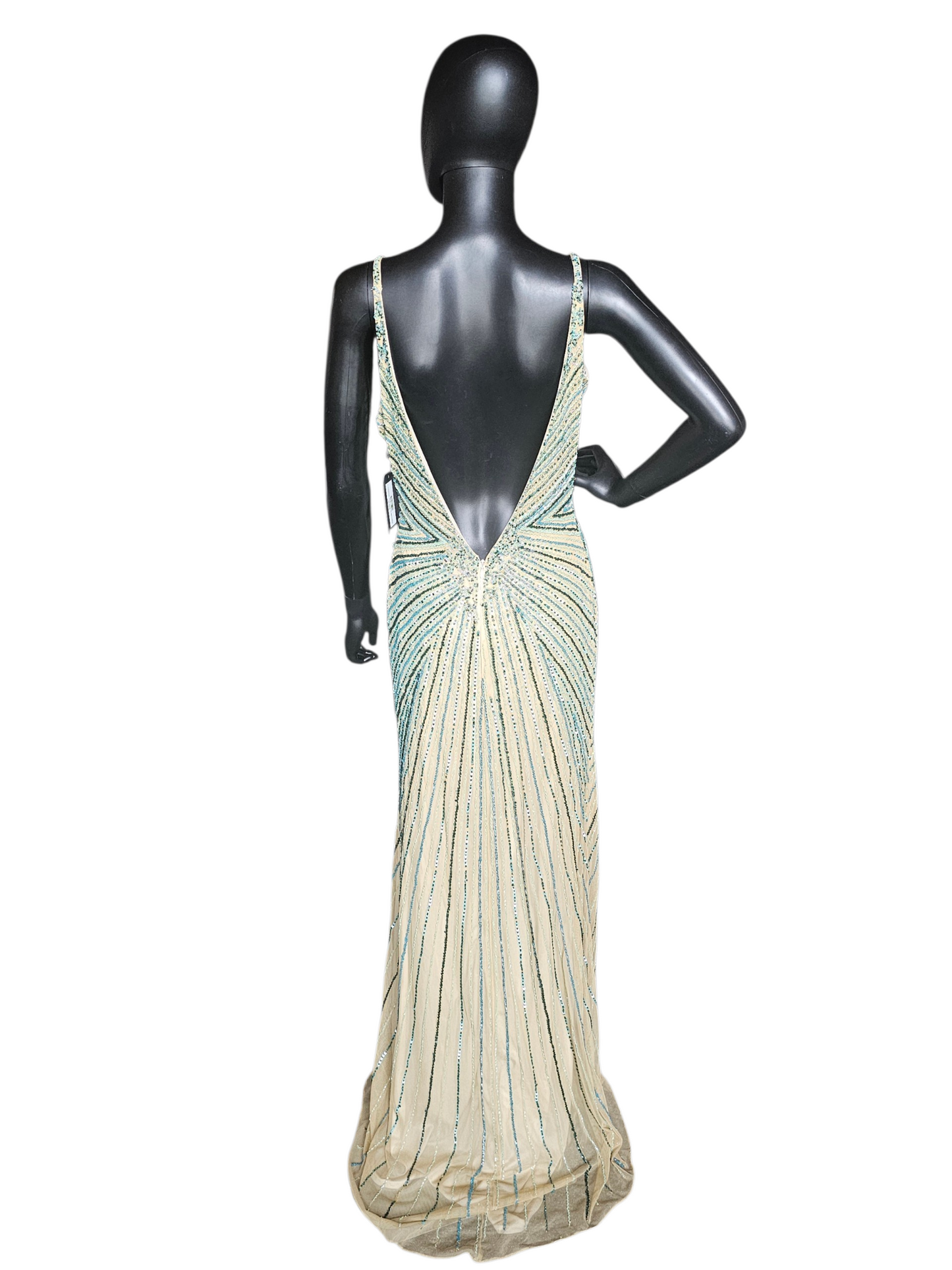 Nude/Green Large Scale Beaded Design V-Neck Fit/Flare Open Back Mom/ Formal/prom Dress - Primavera