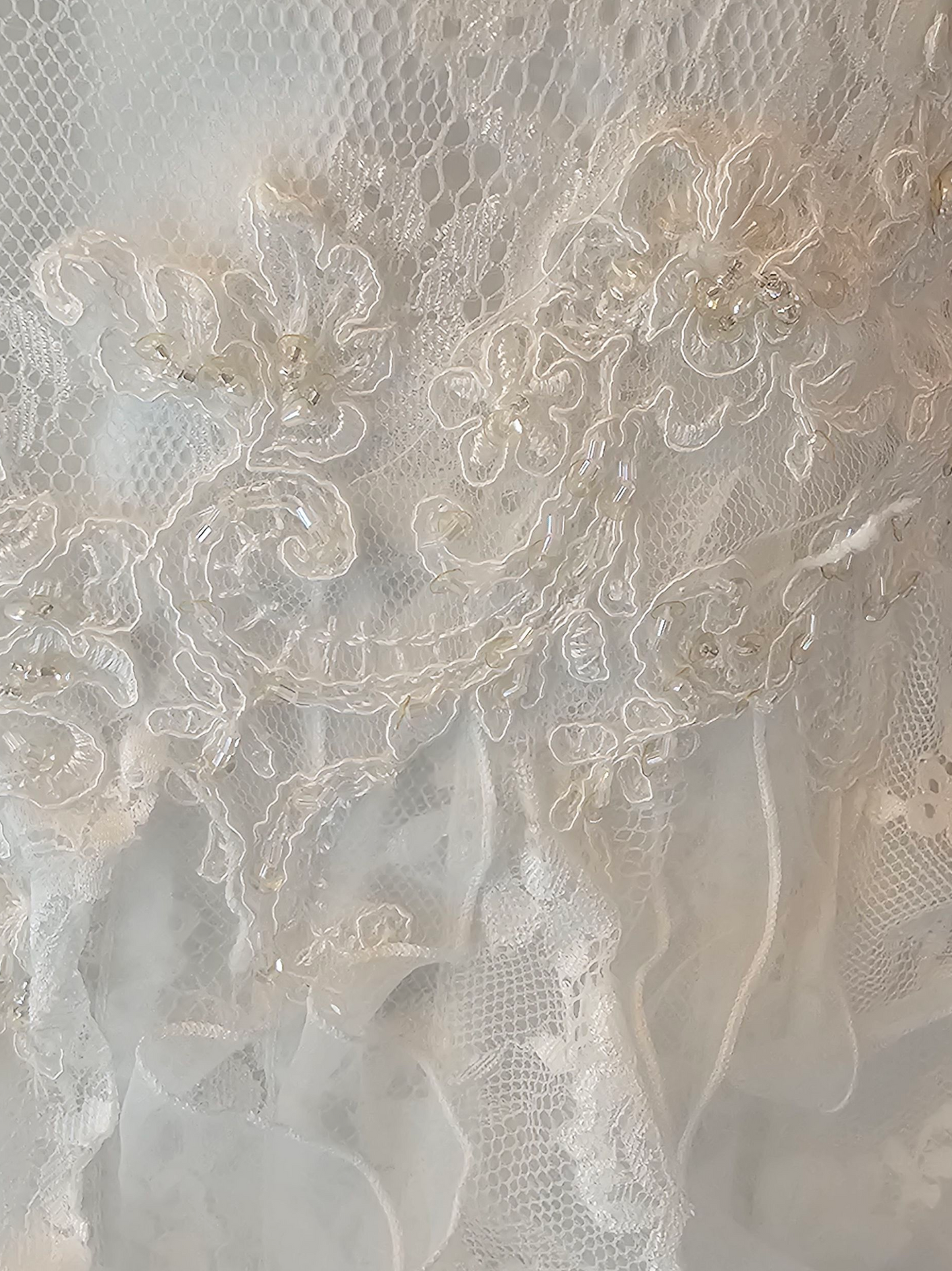 Ivory Lace Strapless Sweetheart Fit/Flare Verticle Ruffle Wedding Gown - Casablanca