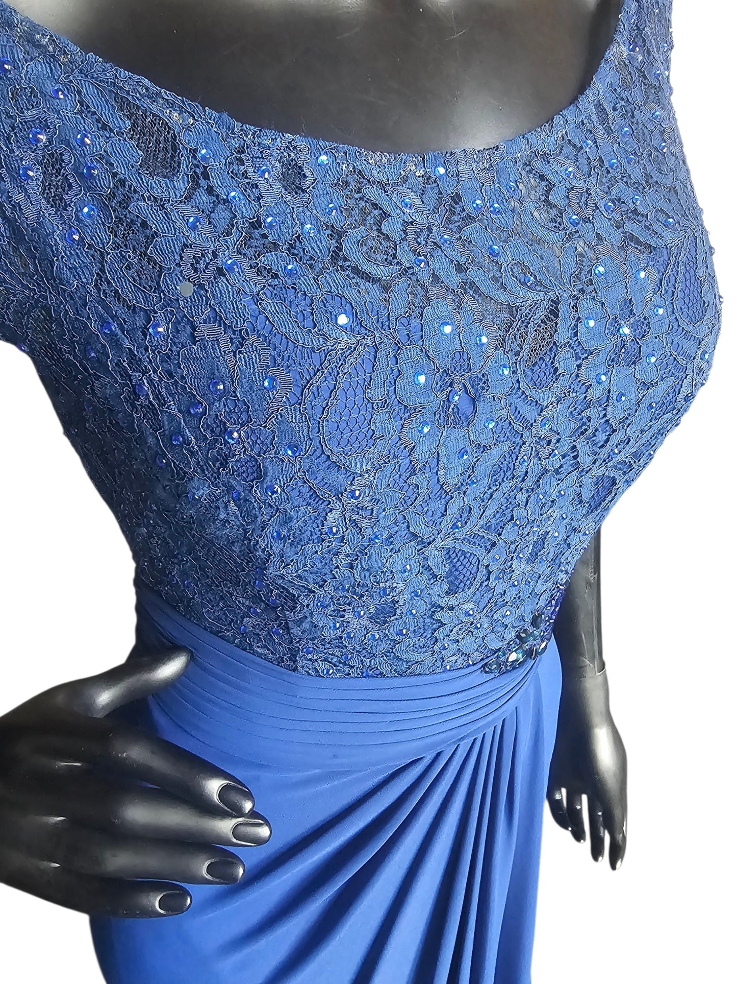 Royal Blue Scoop Neck Lace Gathered Waist - Alyce Paris