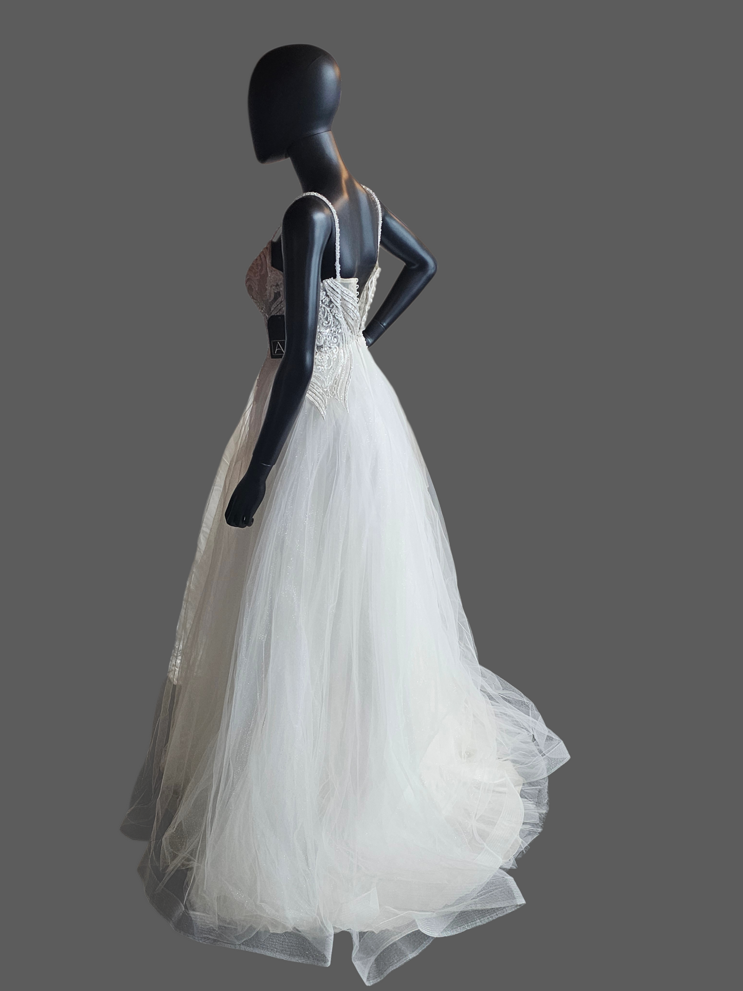 Ivory Spaghetti Strap Illusion Bodice Tulle A-Line Wedding Gown - Di La Sena - NWT