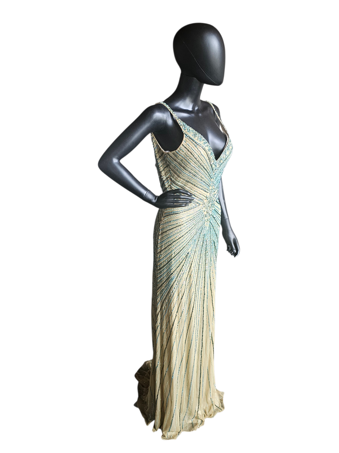 Nude/Green Large Scale Beaded Design V-Neck Fit/Flare Open Back Mom/ Formal/prom Dress - Primavera