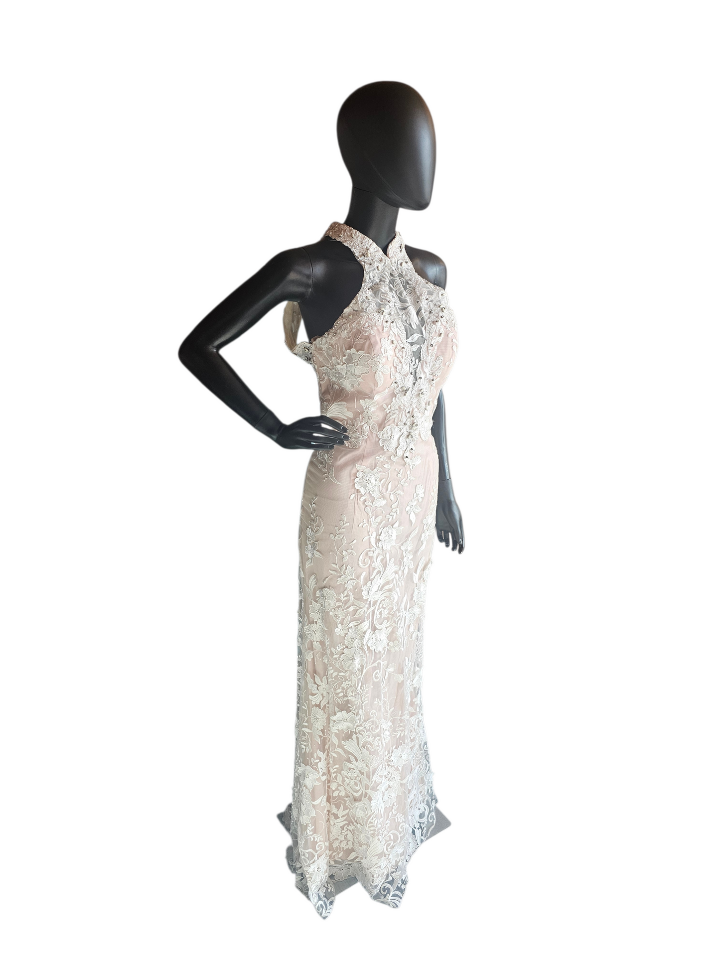 Rose/Ivory Lace Halter Fit/Flare Prom/Party Formal Dress - Mori Lee