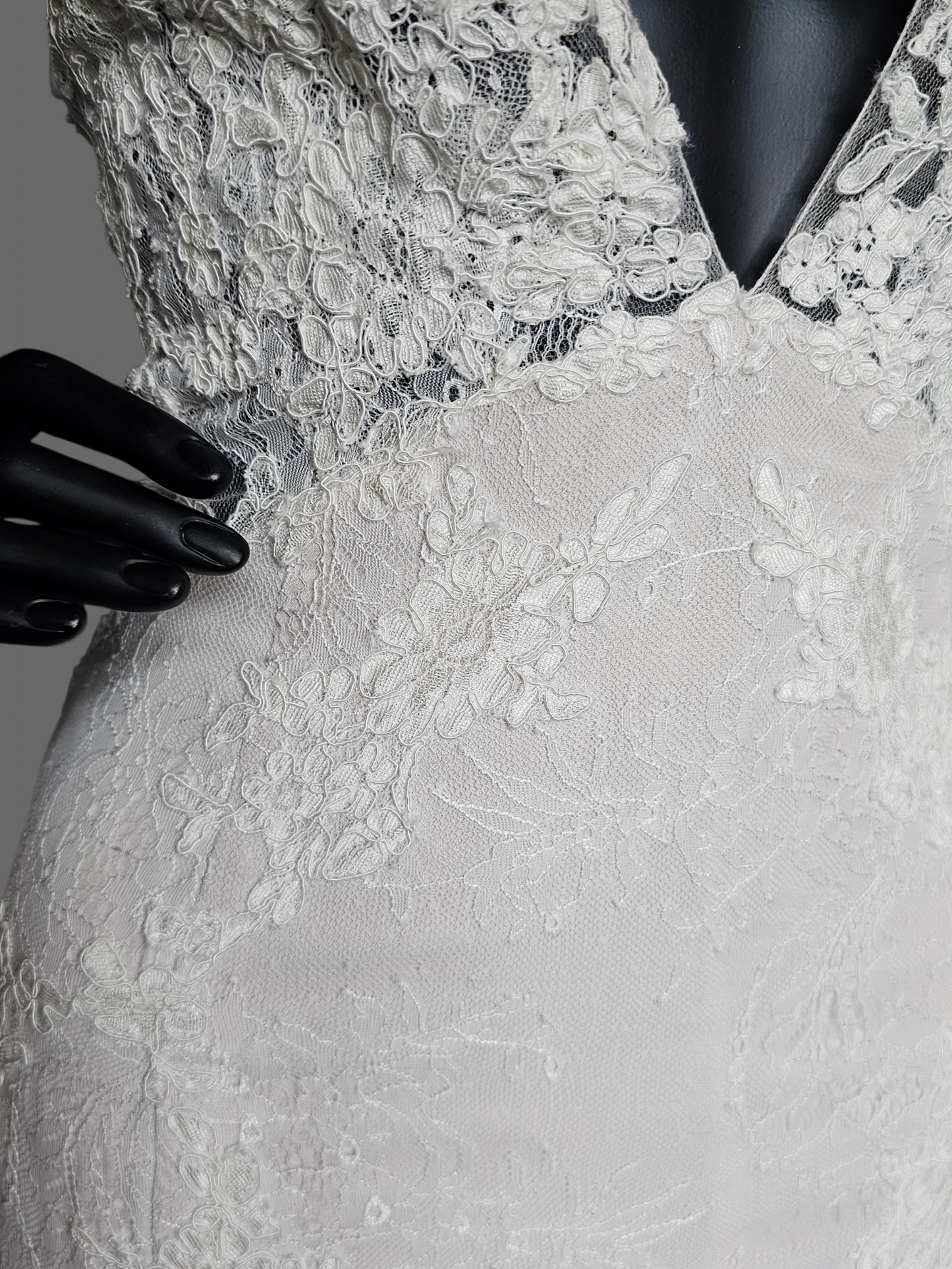 Ivory Illusion Plunge Thick Strap Floral Lace Fit/Flare Wedding Gown - Alyne