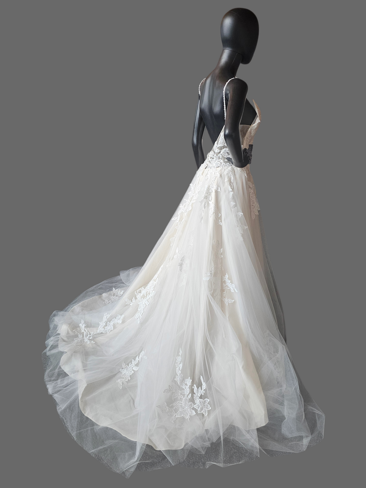 Ivory/Blush Floral Embroidered Plunge A-Line Wedding Gown - Casablanca Beloved