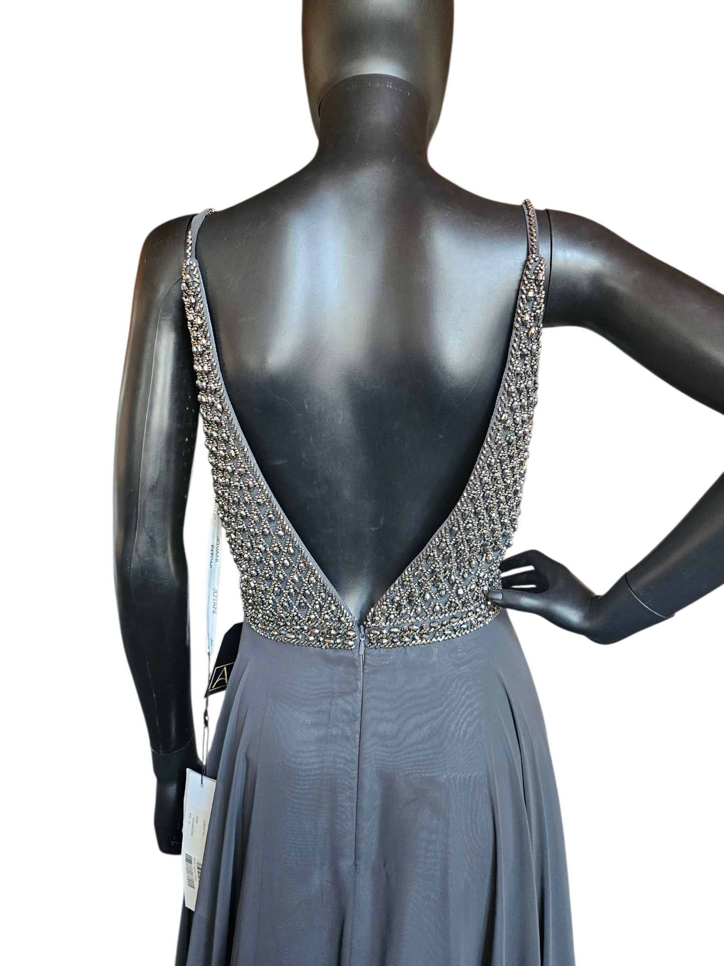 Charcoal A-Line beaded V-Neck Plunge Open Back Formal/Prom Dress - Jovani