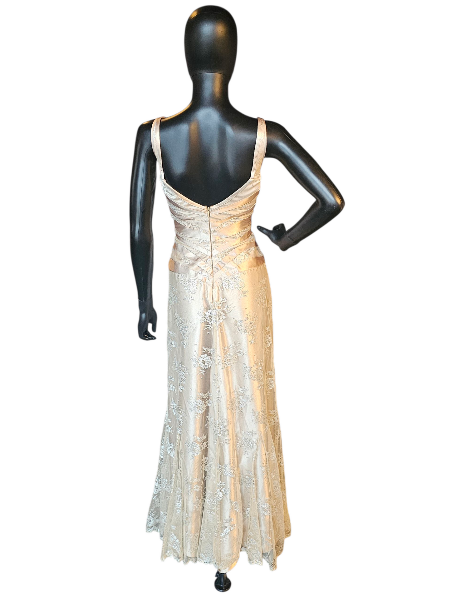 Gold Satin/Silver Lace V-Neck Tiered Fit/Flare Formal Gown - JS Collections