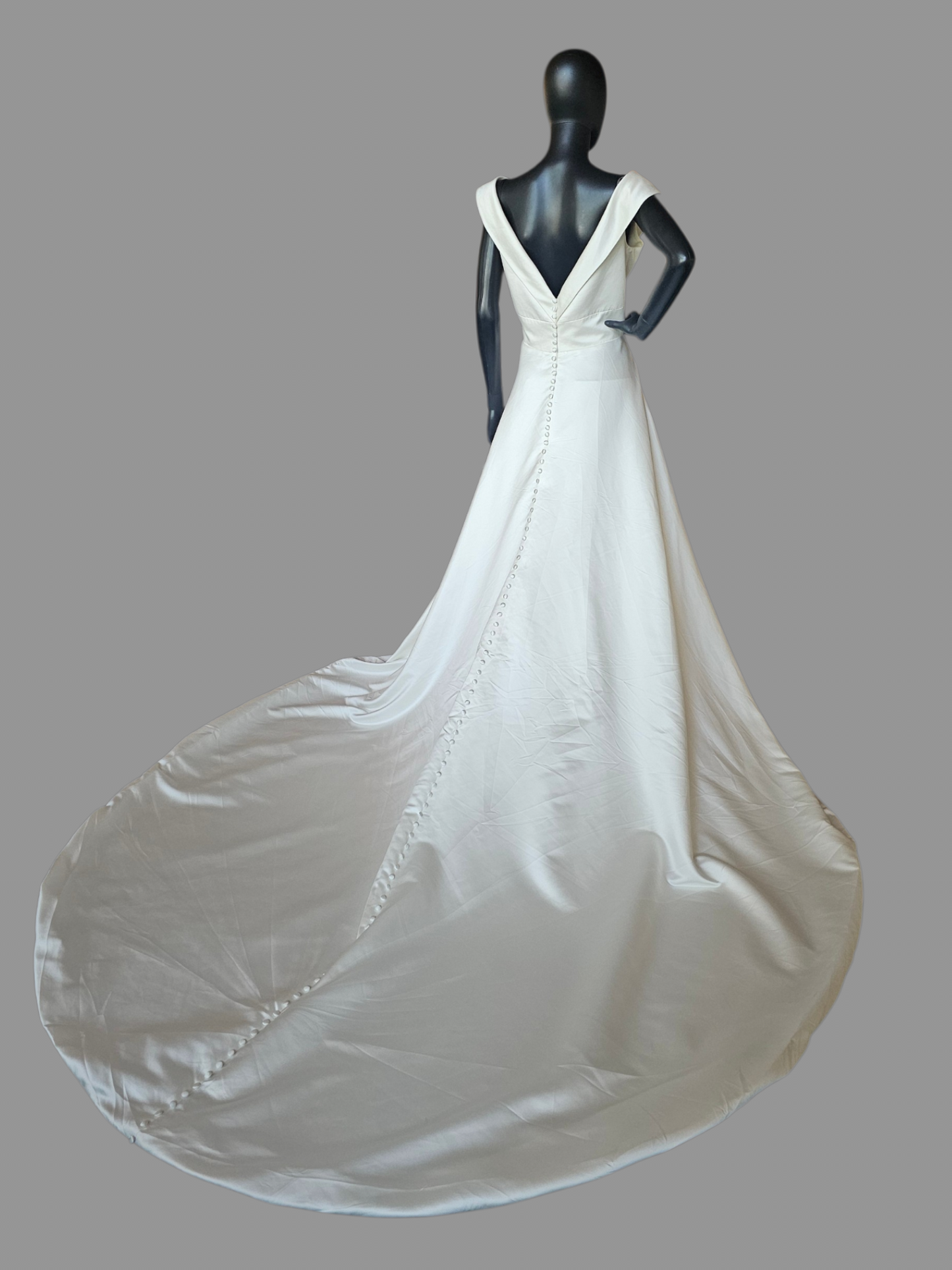 Ivory Silky Satin Simple Off Shoulder Cross V-Neck Open Back Wedding Gown - Mori Lee