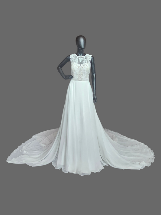 Ivory/Nude High Neck Lace Chiffon Skirt Wedding Gown - Justin Alexander