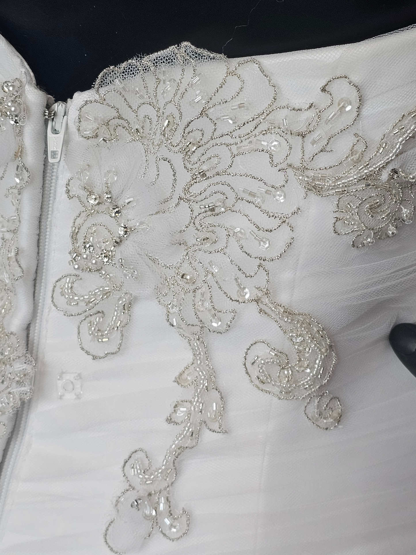 White Tulle Asymmetrical Drop Waist Silver/Gold Embroidered Strapless Wedding Gown - Casablanca