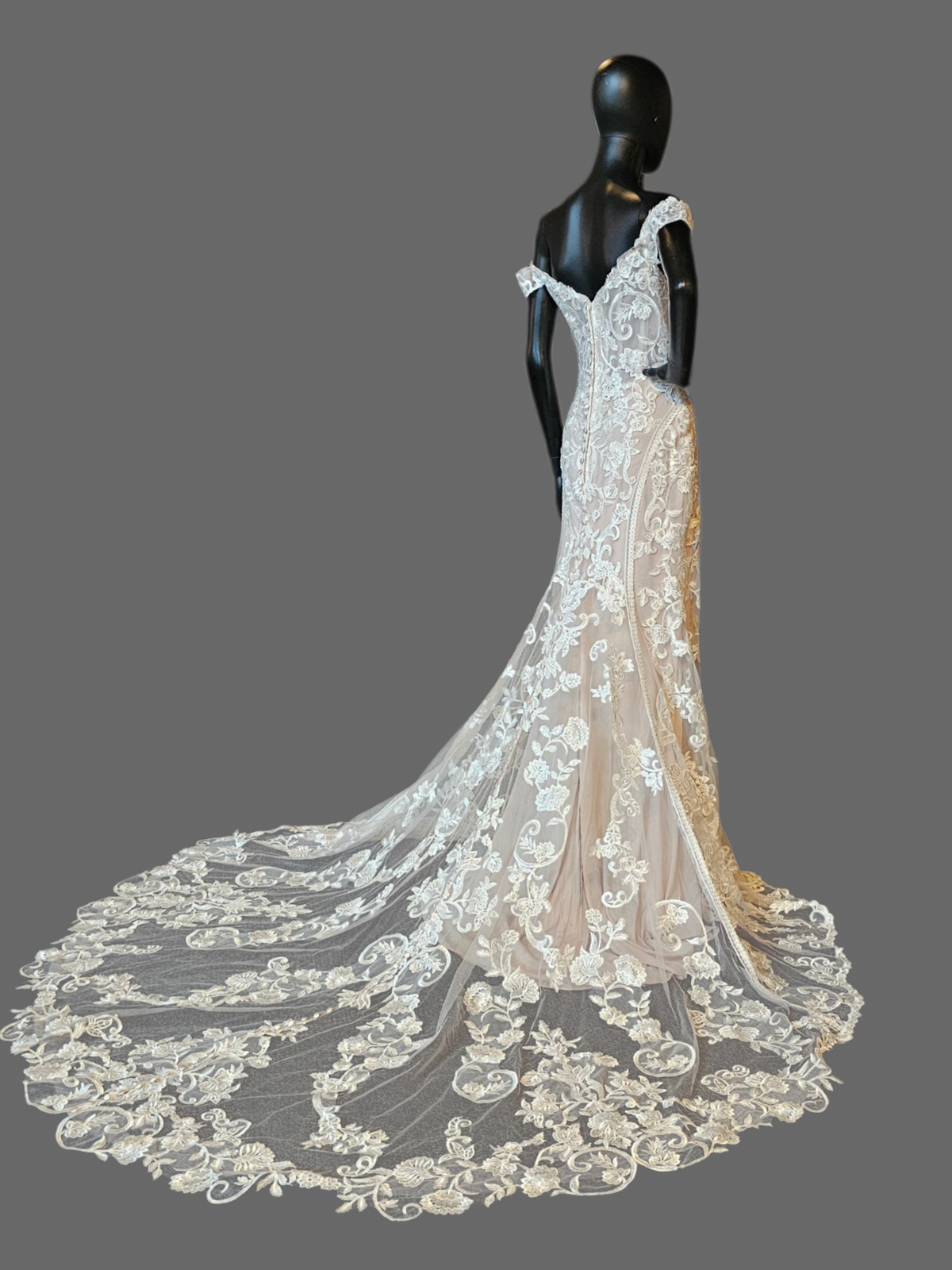 Nude/Ivory Lace Deco Off Shoulder Fitted Wedding Gown - Allure