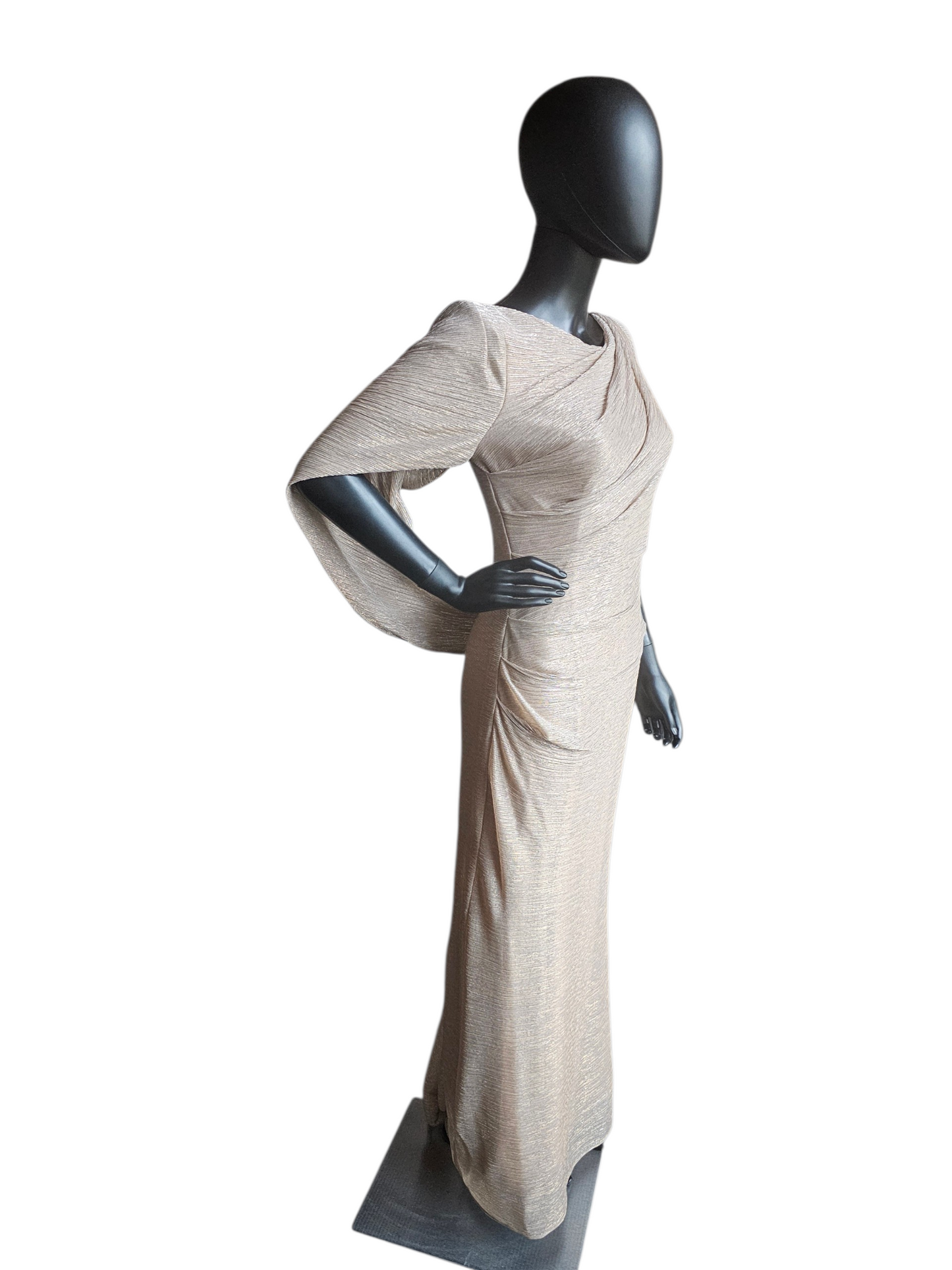 PETITE Gold Shimmer Fitted Shawl Sleeve Maxi Formal Dress NWT - Betsy + Adam