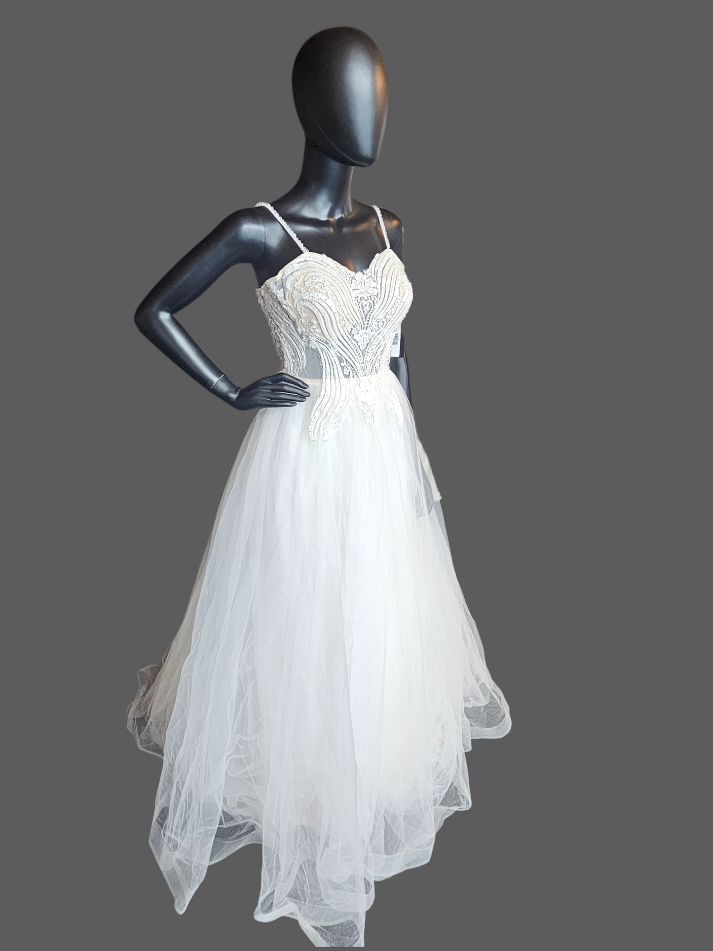 Ivory Spaghetti Strap Illusion Bodice Tulle A-Line Wedding Gown - Di La Sena - NWT