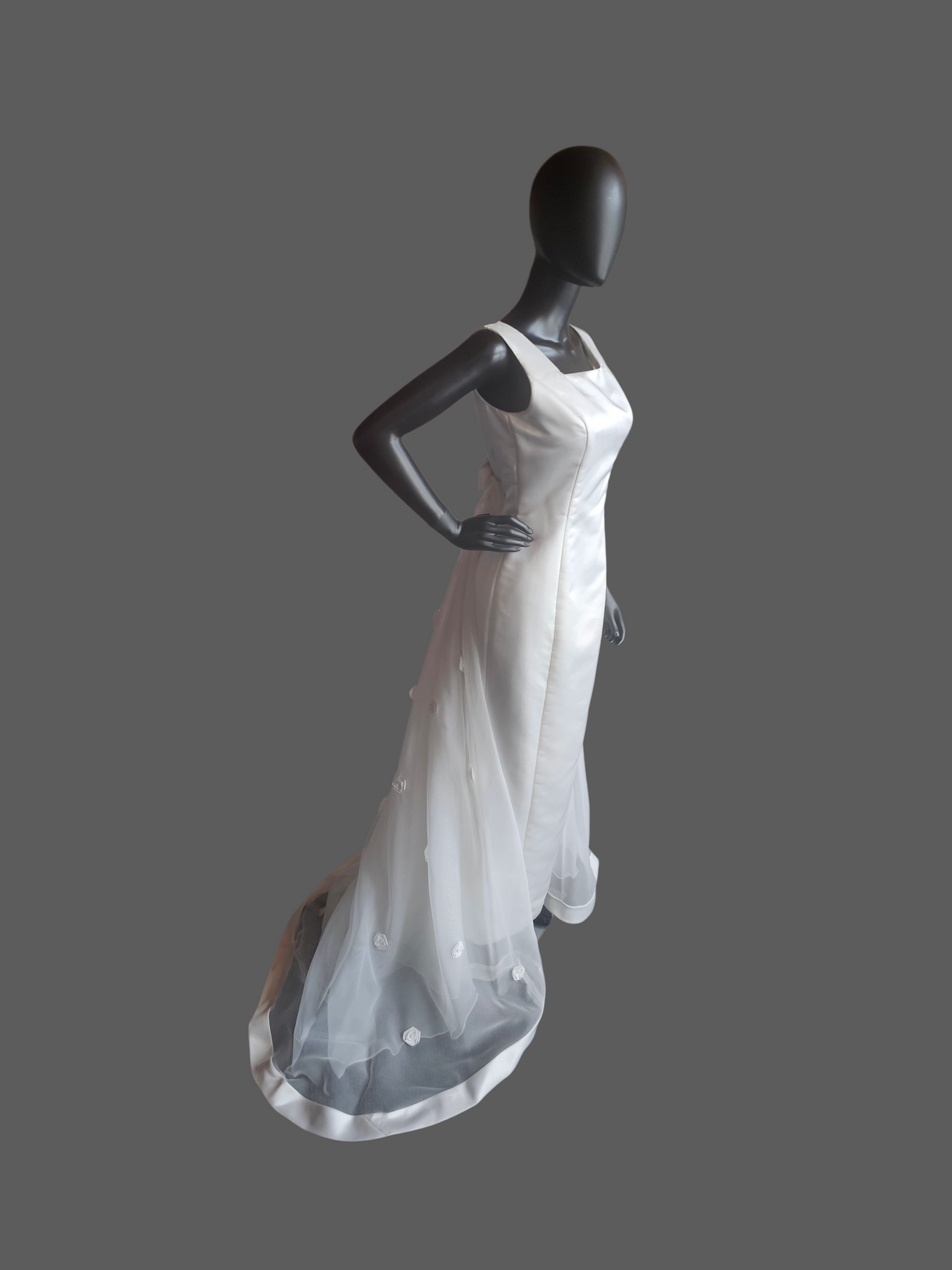 Vintage White Square Neck Detached Rose Train Wedding Gown - Galina