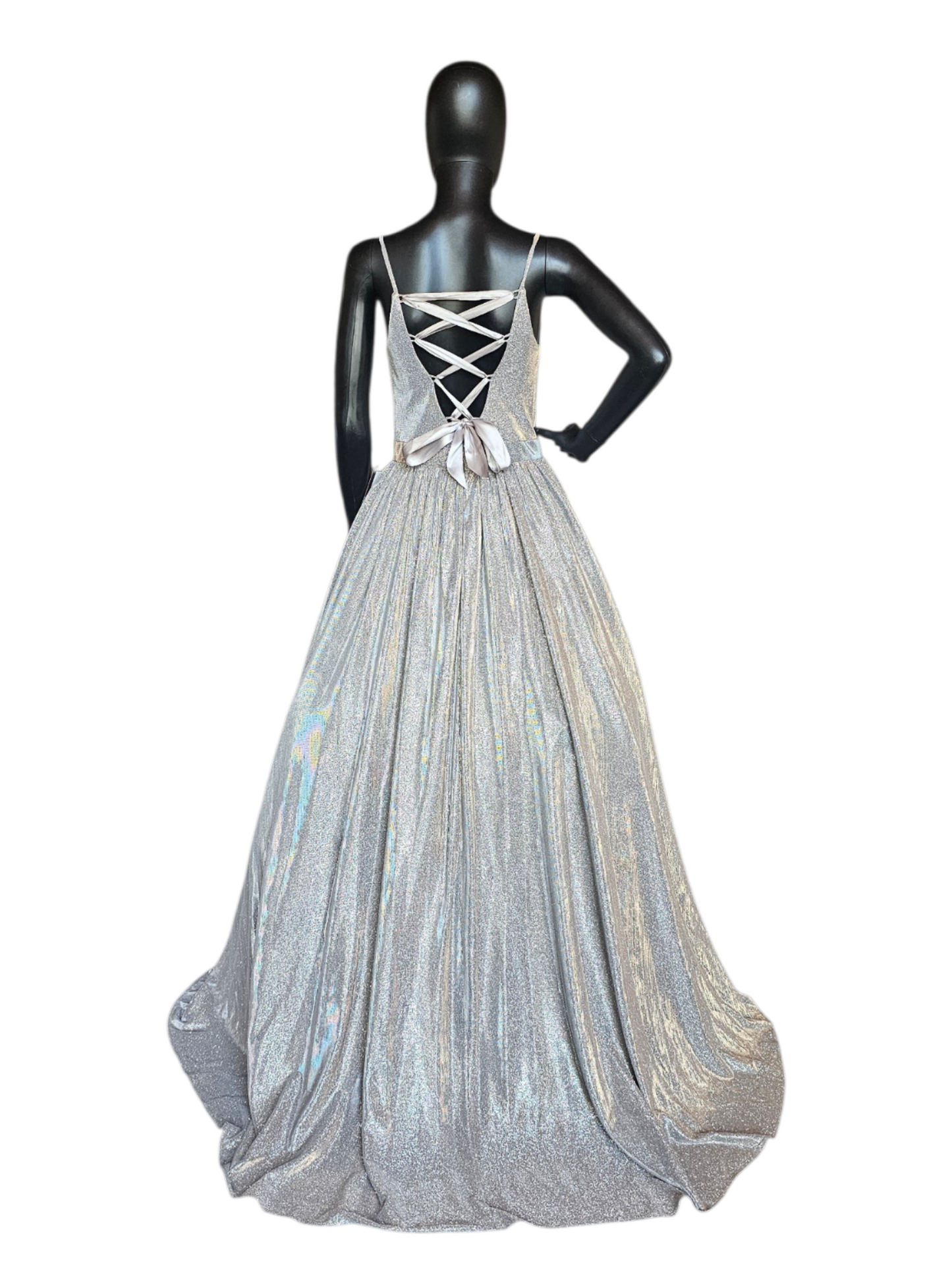 Silver Sparkle Open Back With Sew Up Detail Gathered A-Line Scoop Neck Formal/Prom Dress- Jovani