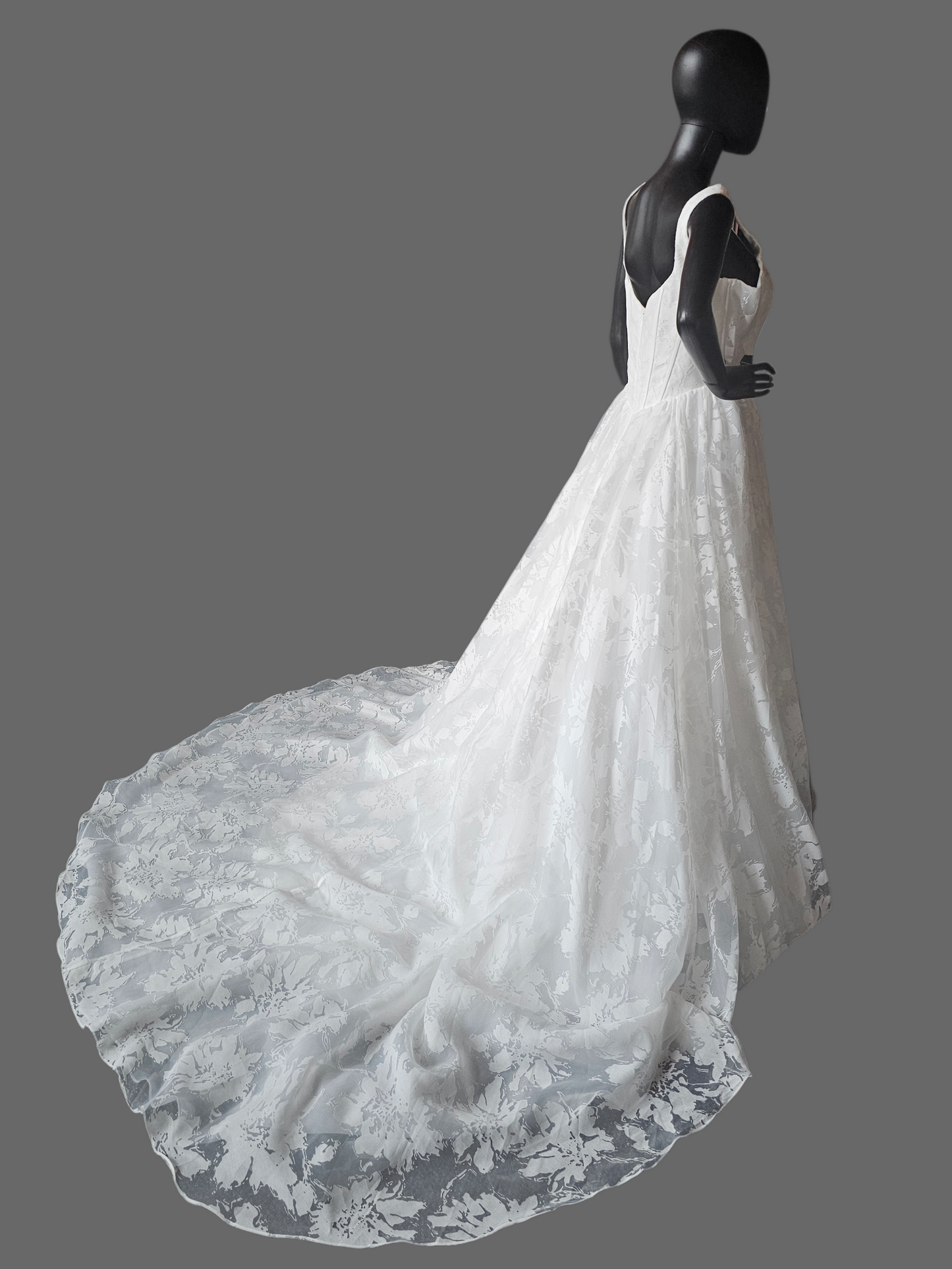 Ivory Floral Burnout Basque Waist Square Neckline Wedding Gown - Tania Olsen NWT