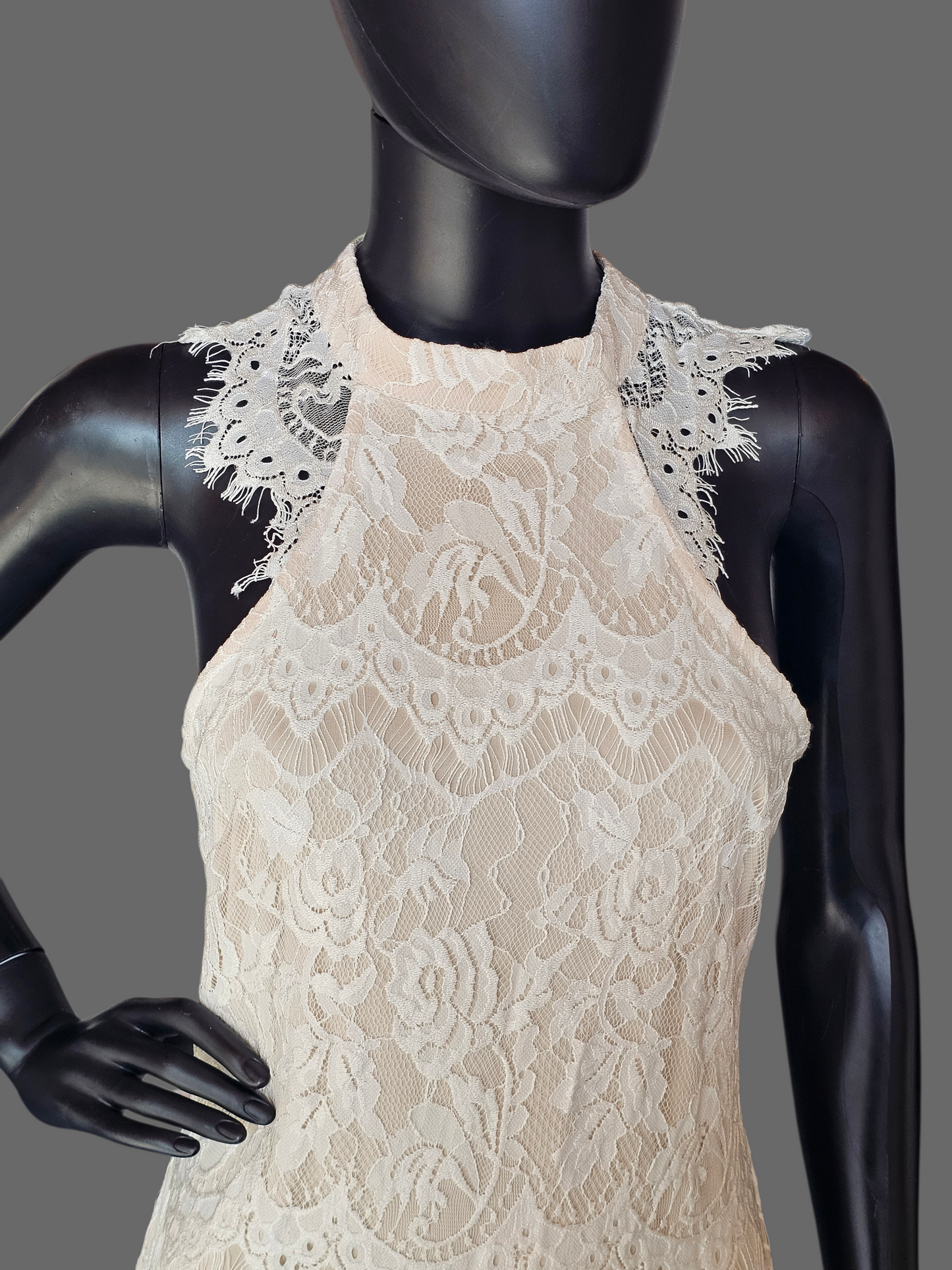 Ivory/Nude Fitted Lace Halter Maxi Dress - Southern Fried Chic NWT