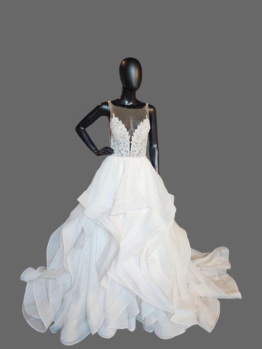 Ivory Tiered Ballgown Illusion Bodice Wedding Gown - Justin Alexander