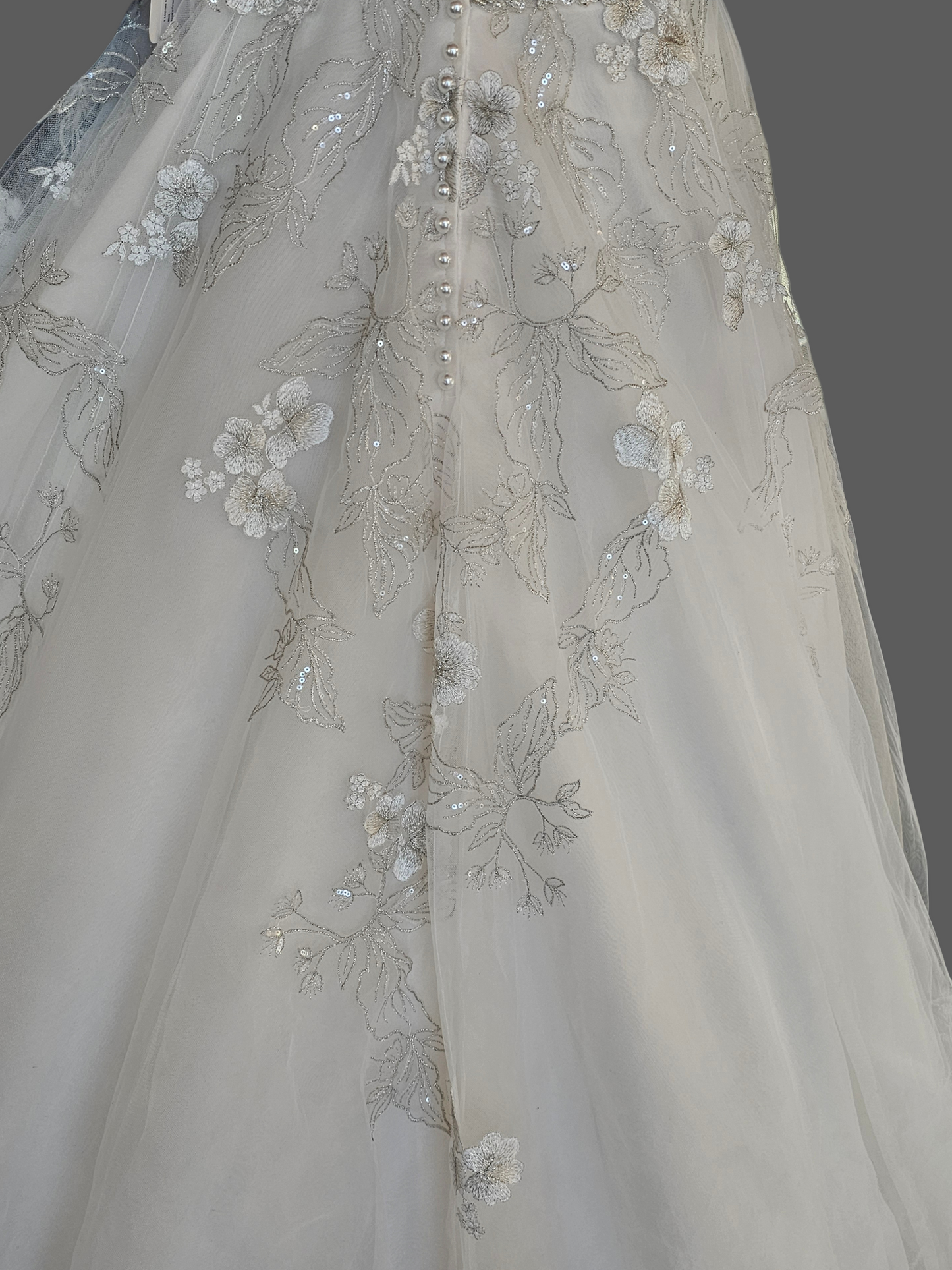Ivory/Vanilla V-Neck Belted A-line Floral Embroidered Wedding Gown - Martin Thornburg