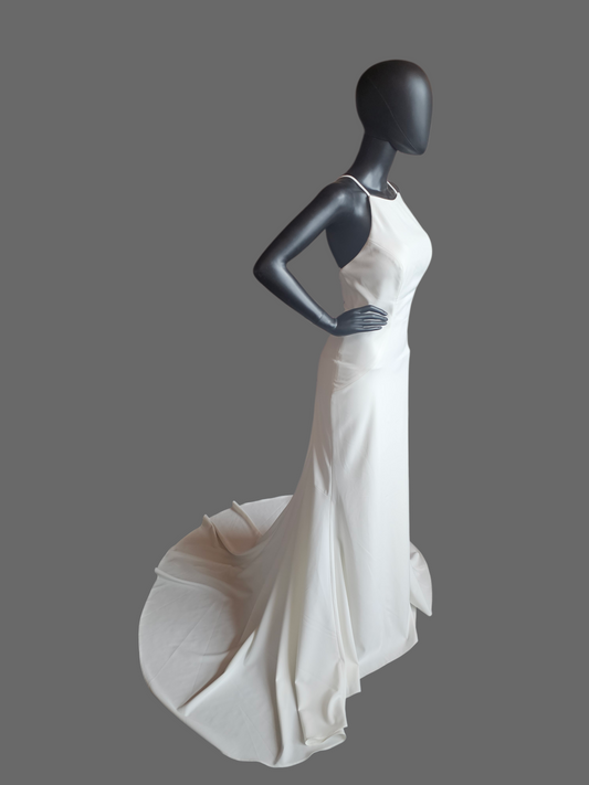 Ivory Stretch Crepe Halter Fit/Flare Minimalist Wedding Gown - Mori Lee
