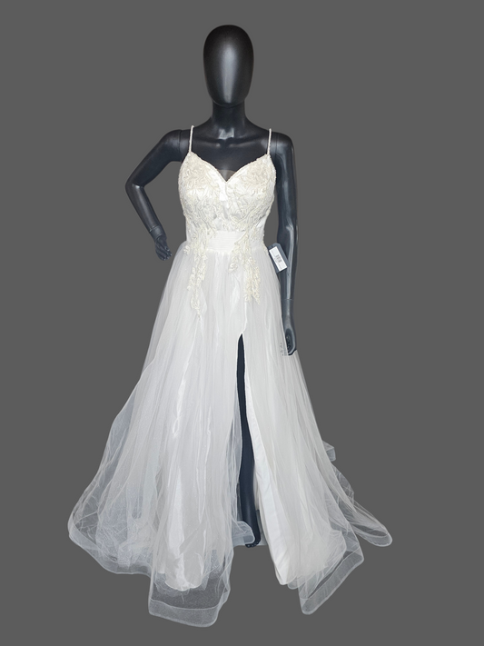 Spaghetti Strap Ivory Floral Embroidered Side Slit Wedd8ng Gown - Di La Sena