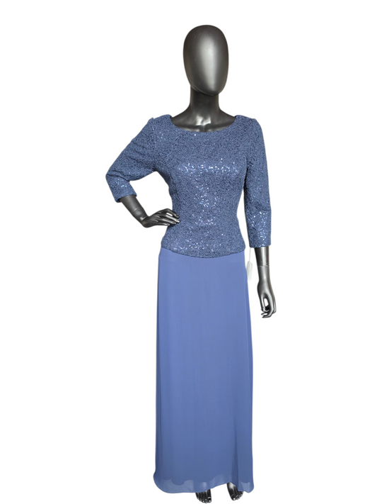 Navy Chiffon Basque Waist Sequin Long Sleeve Scoop Neck Formal/Moms Dress - Alex Evenings