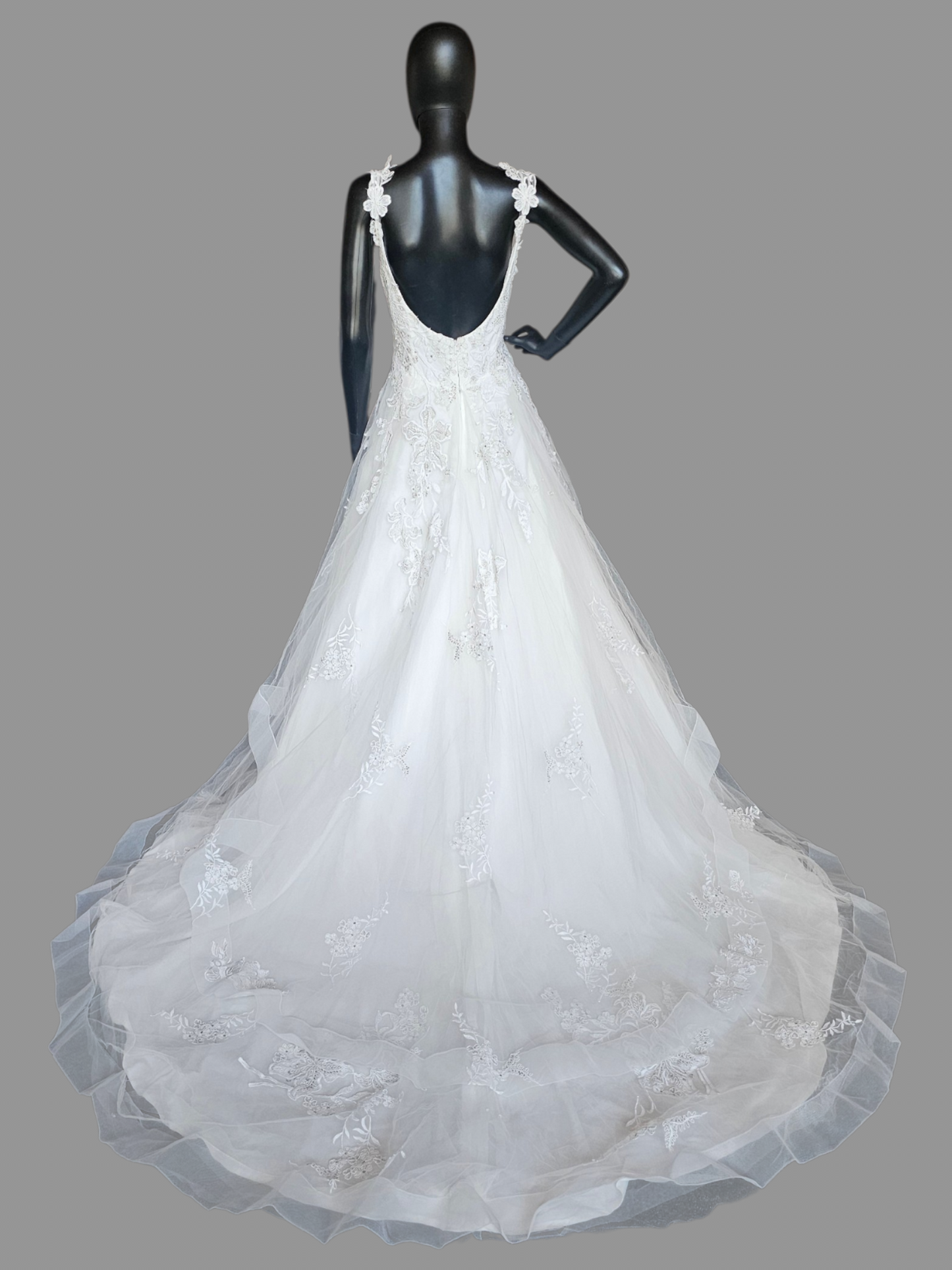 A-Line Floral Tiered Laced Sleeves Sweetheart Plunge Wedding Gown- Beloved