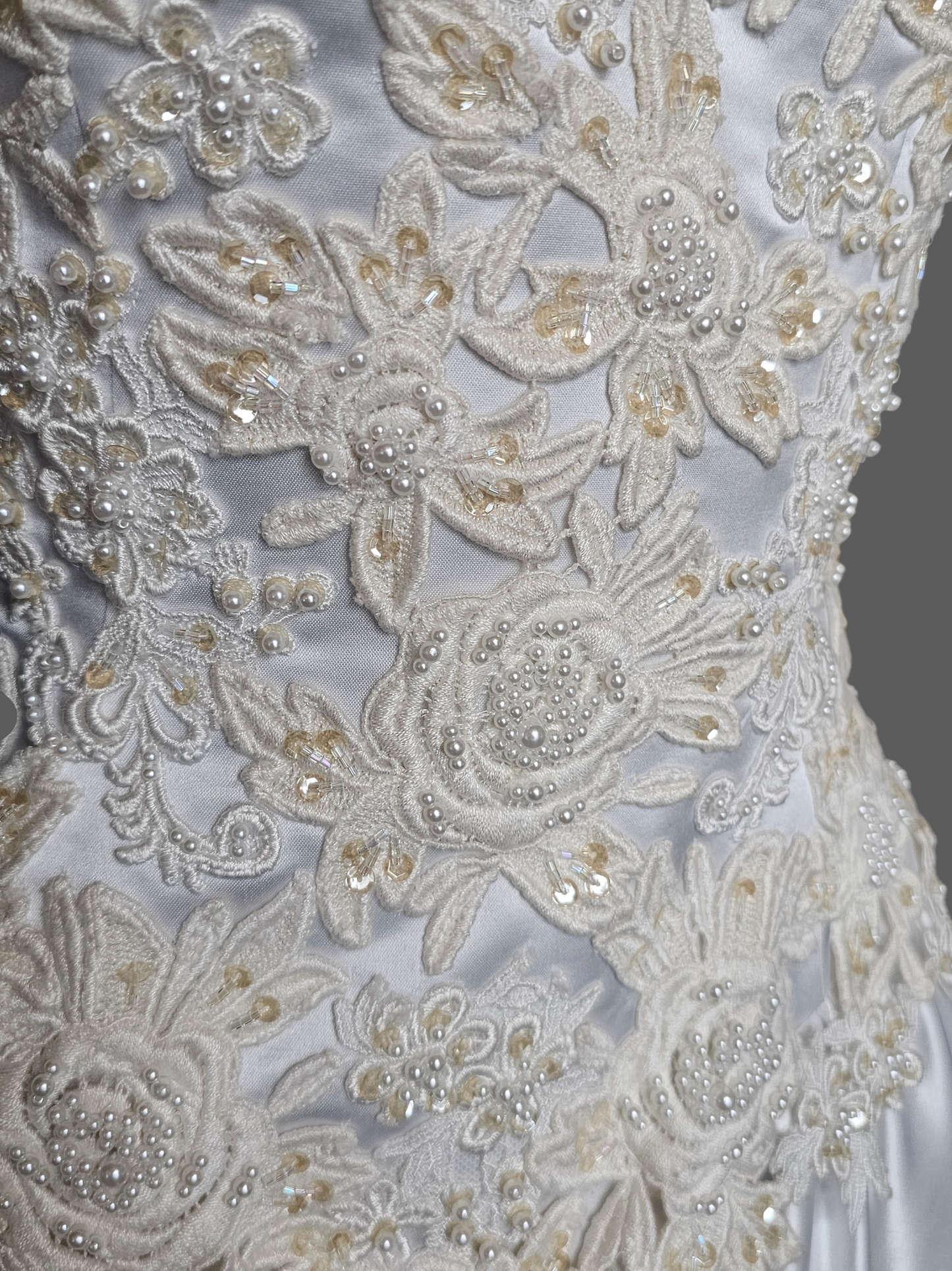 Vintage White Embroidered Cap Sleeve N-Neck Wedding Gown - Modest