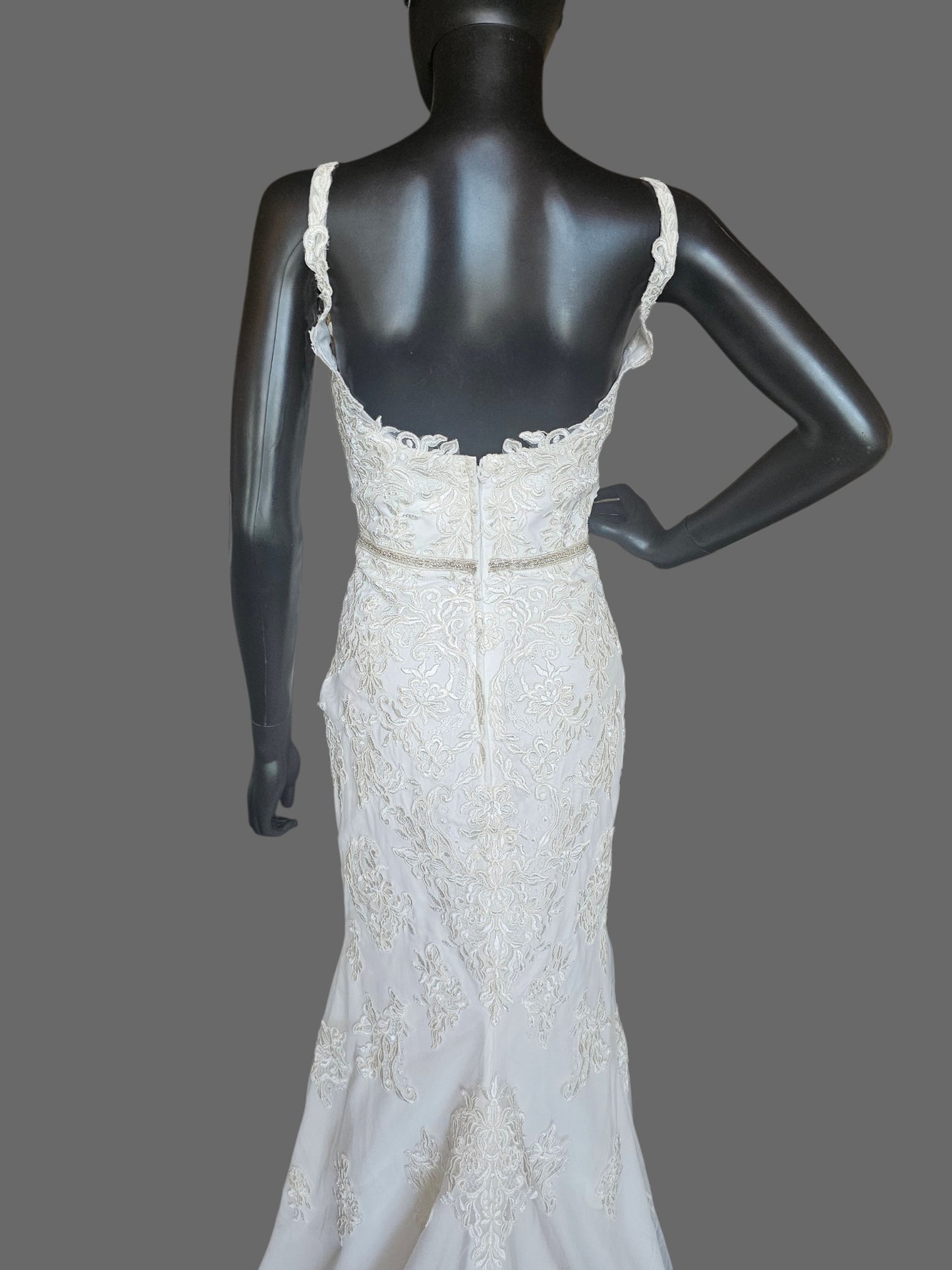 Lace V-Neck Belted Fit/Flare Wedding Gown - DaVinci
