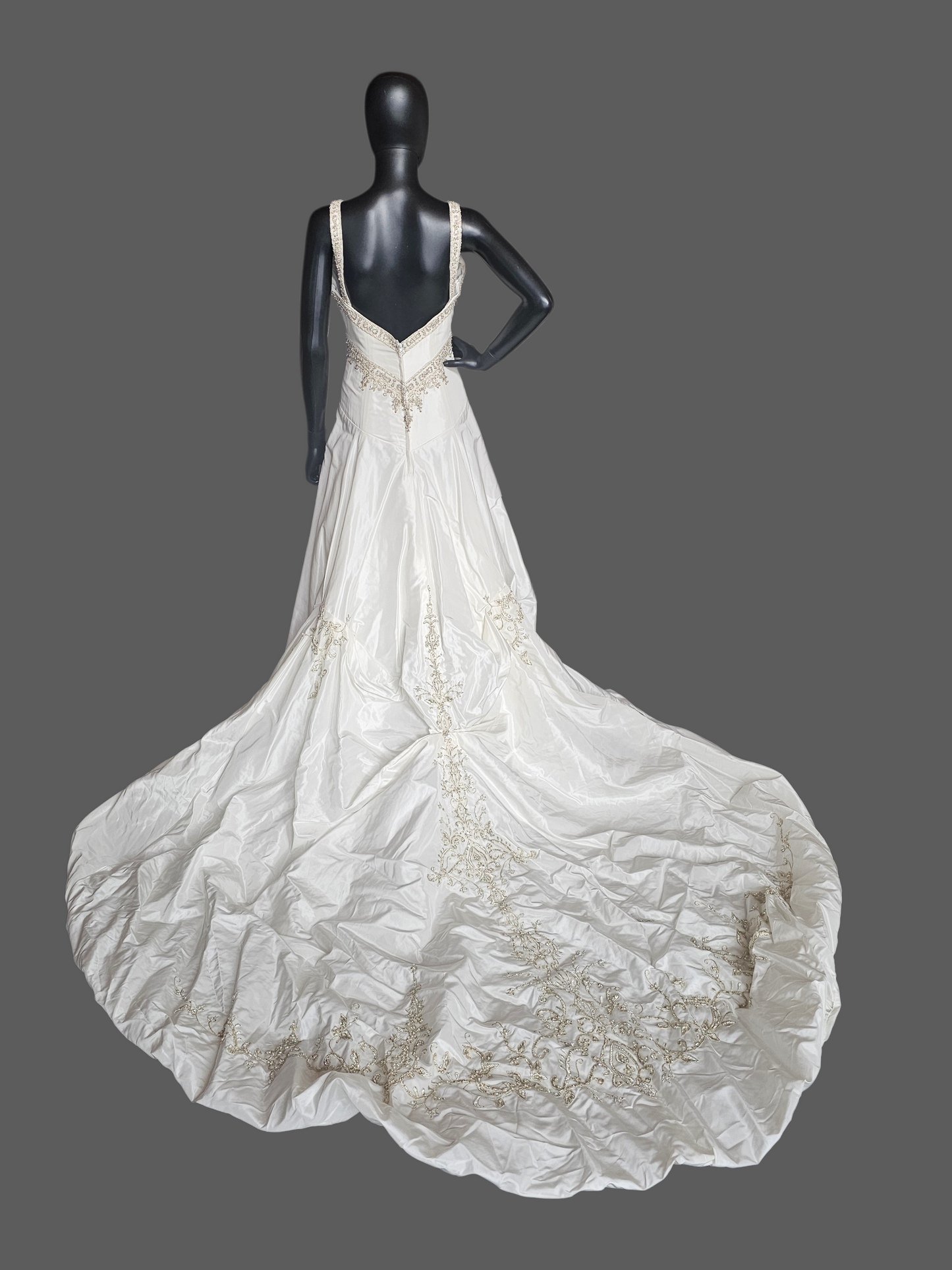 Ivory Taffeta Drop Waist V-Neck Wedding Gown - Petite