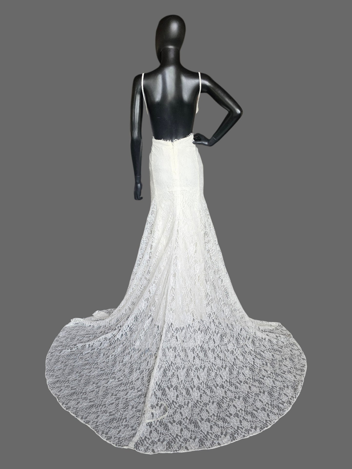 Floral Lace Fit/Flare Open Back Spaghetti Strap Fitted Wedding Gown - Galina