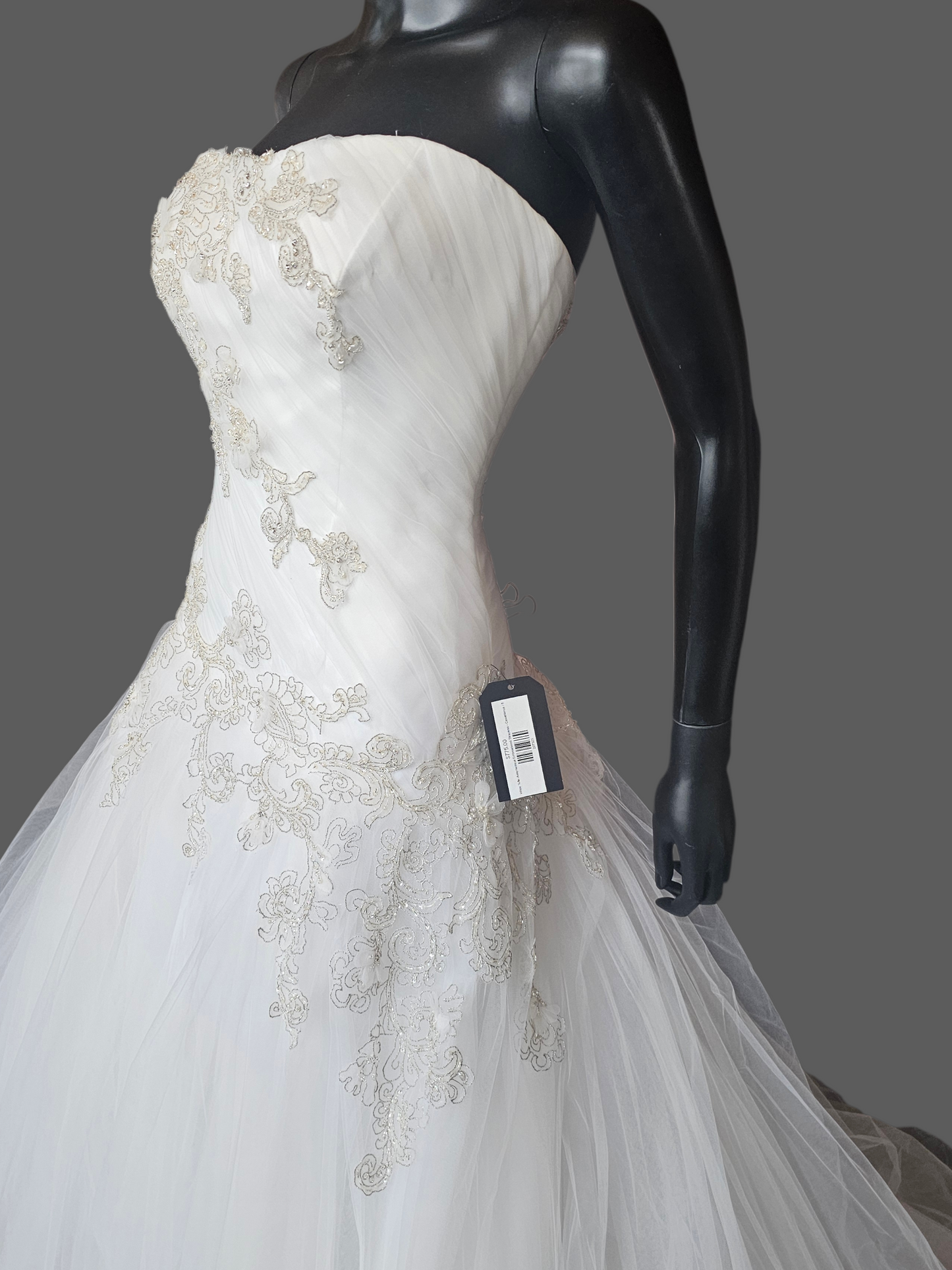 White Tulle Asymmetrical Drop Waist Silver/Gold Embroidered Strapless Wedding Gown - Casablanca