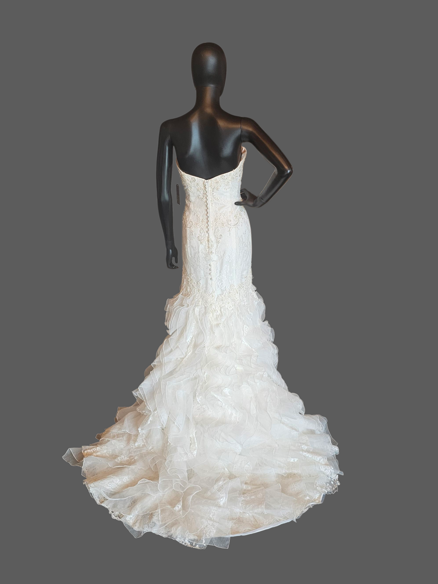 Ivory Lace Strapless Sweetheart Fit/Flare Verticle Ruffle Wedding Gown - Casablanca