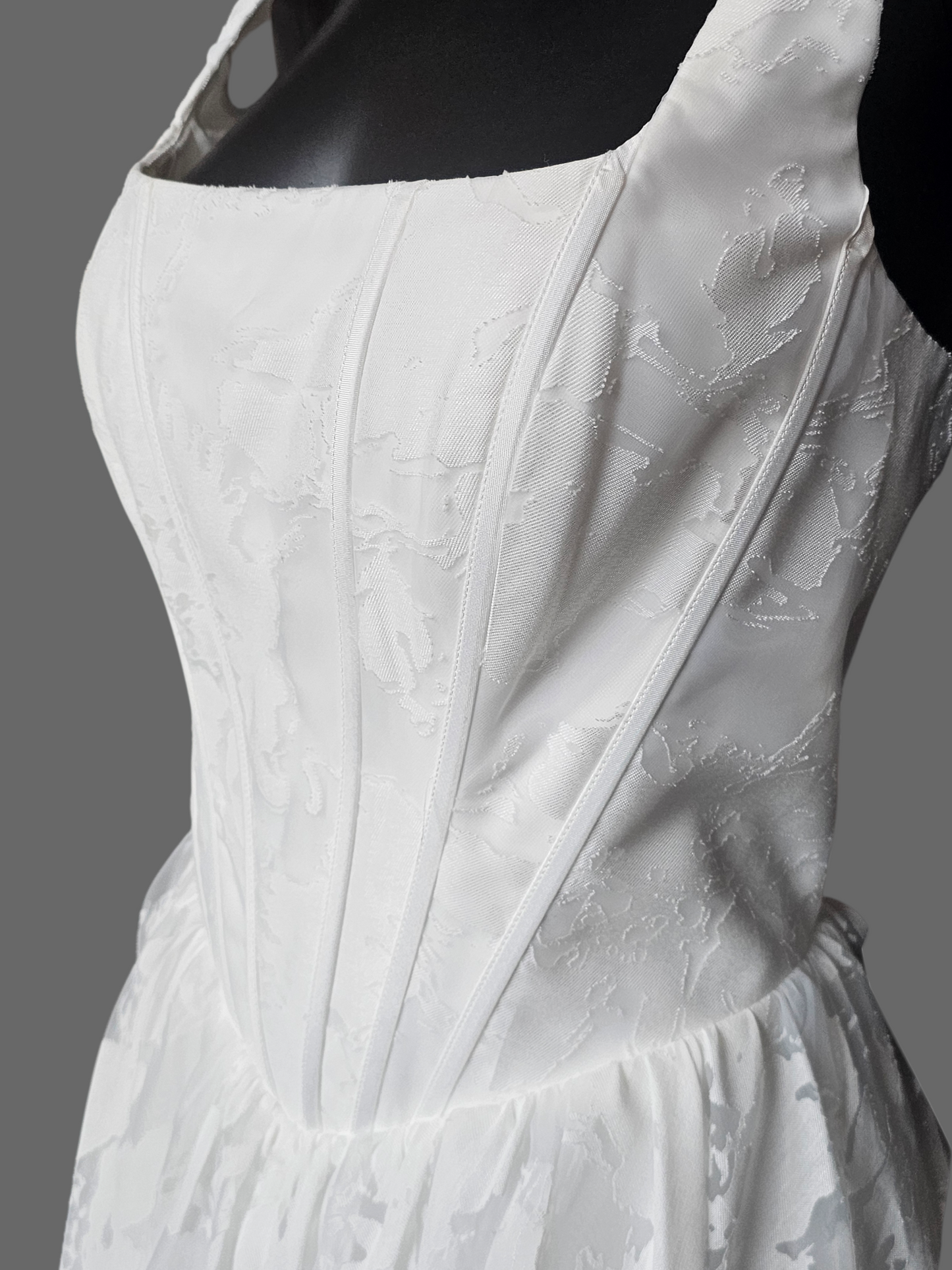 Ivory Floral Burnout Basque Waist Square Neckline Wedding Gown - Tania Olsen NWT