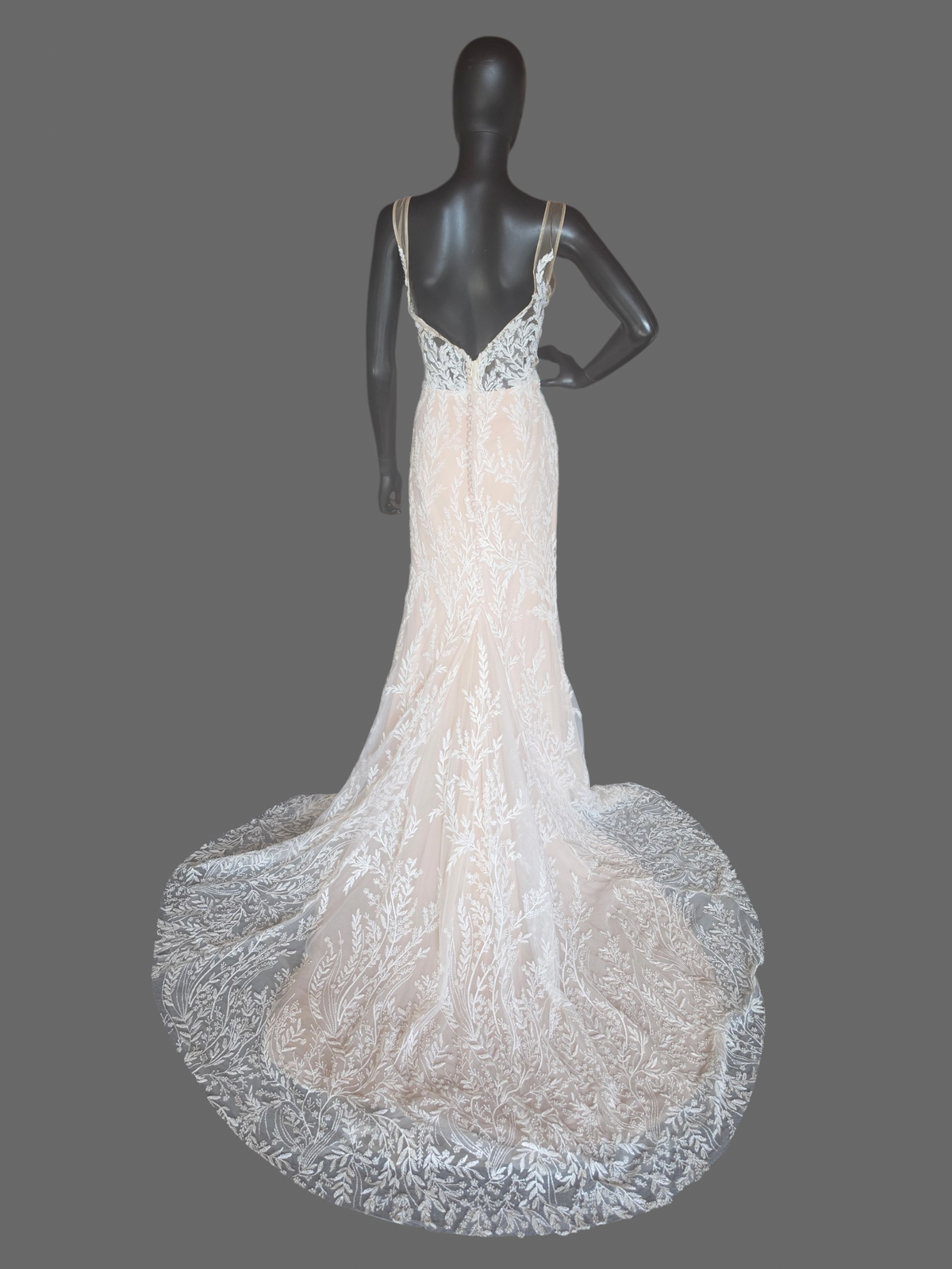 Nude/Ivory Beaded Floral V-Neck Illusion Bodice Fit/Flare Wedding Gown - Justin Alexander