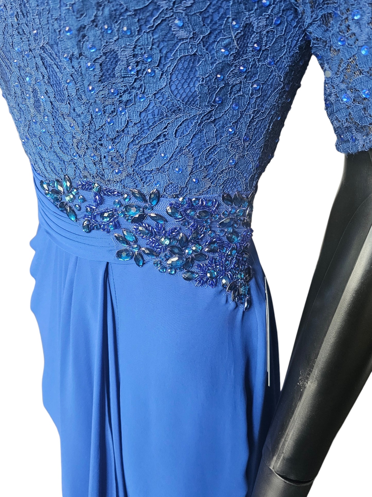 Royal Blue Scoop Neck Lace Gathered Waist - Alyce Paris