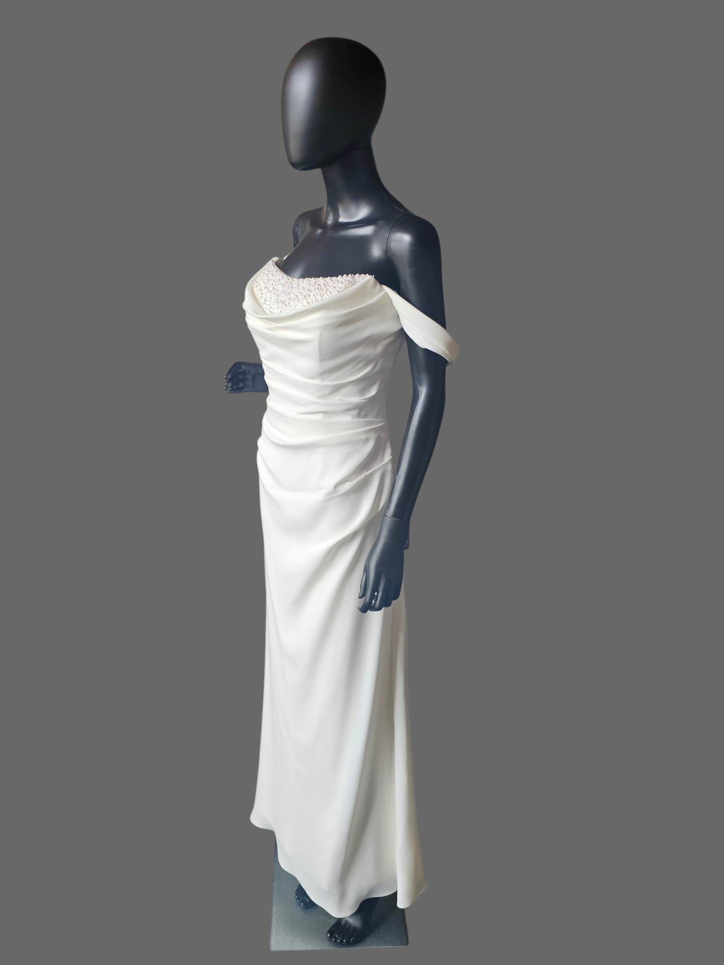 Minimalist Ivory Crepe Side Sweep Pearl Accent Wedding Gown - Martina Liana