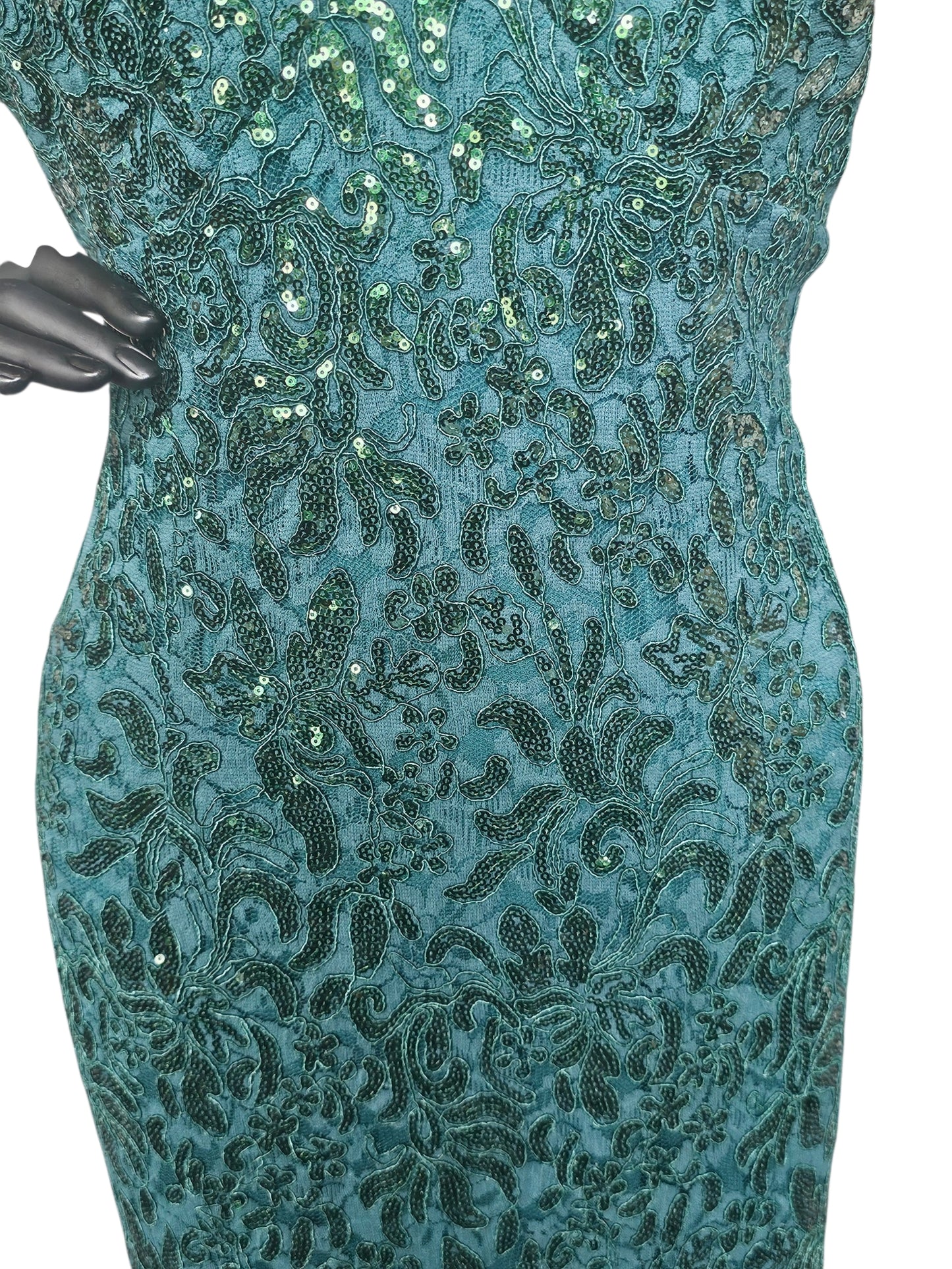 Hunter Green Floral Sequin Detail Cap Sleeve Full Length- R & M