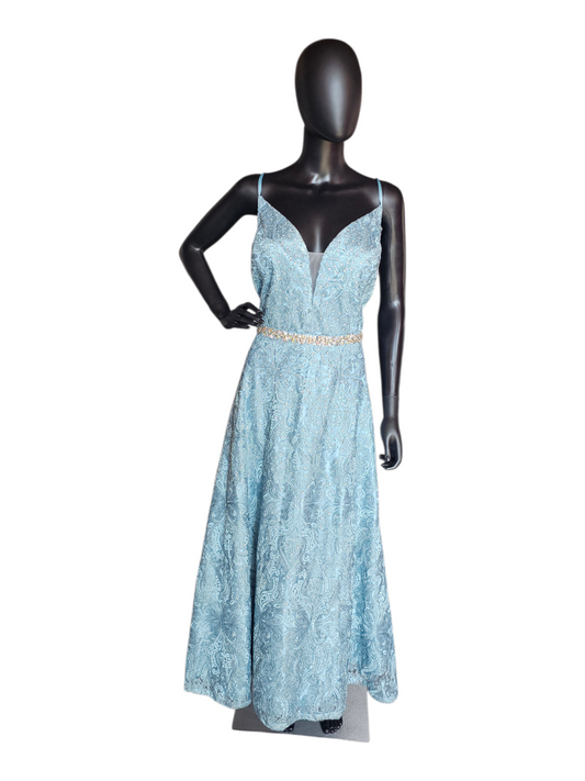 Steel Blue Lace Belted Plunge A-line Formal Dress - LA Merchandise