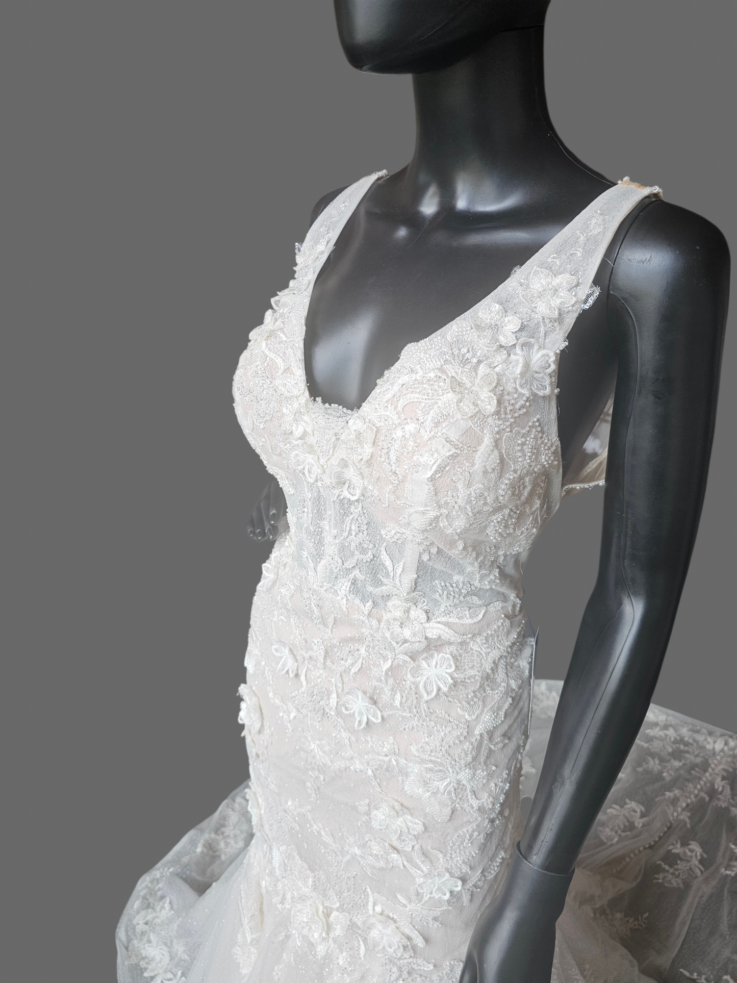 V-Neck Fit/Flare Floral Sparkle Wedding Gown - Martina Liana