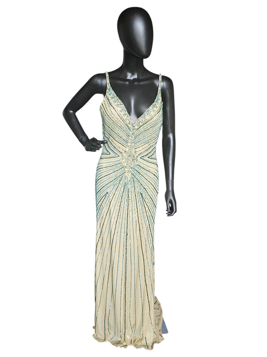 Nude/Green Large Scale Beaded Design V-Neck Fit/Flare Open Back Mom/ Formal/prom Dress - Primavera