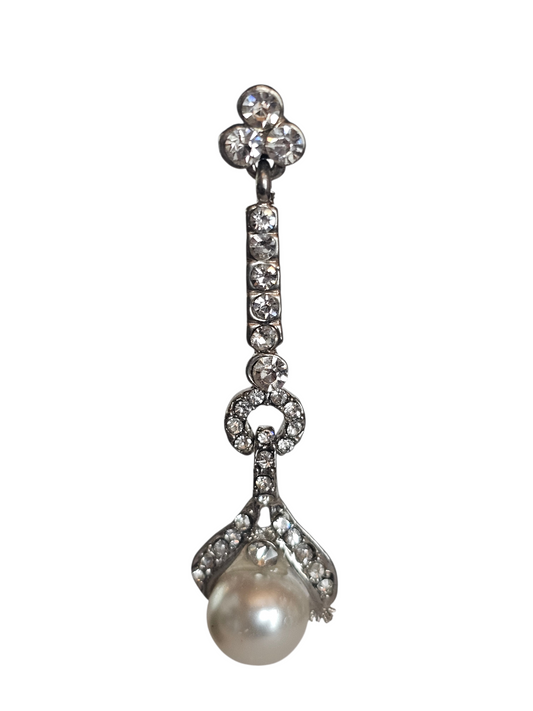 Long Silver/Rhinestone Pearl Drop Earring - Mariell