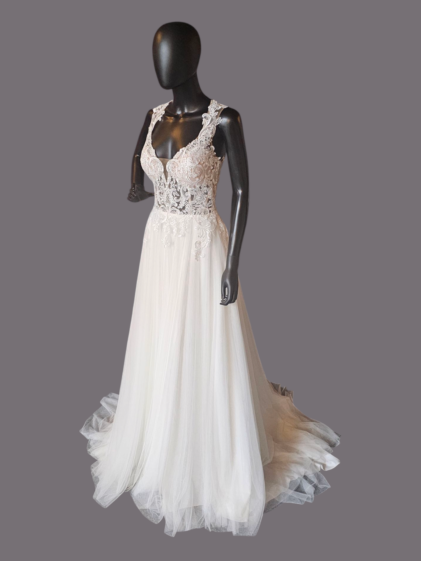 Sheer Bodice Lace Applique Illusion Plunge Wedding Gown - Justin Alexander