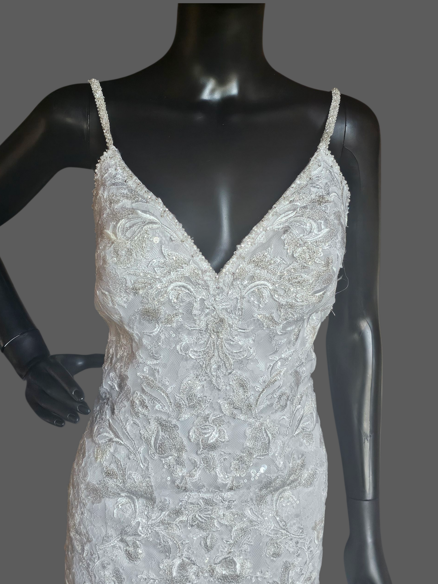 White Lace Metallic Embroidered Fit/Flare Wedding Gown - Mori Lee