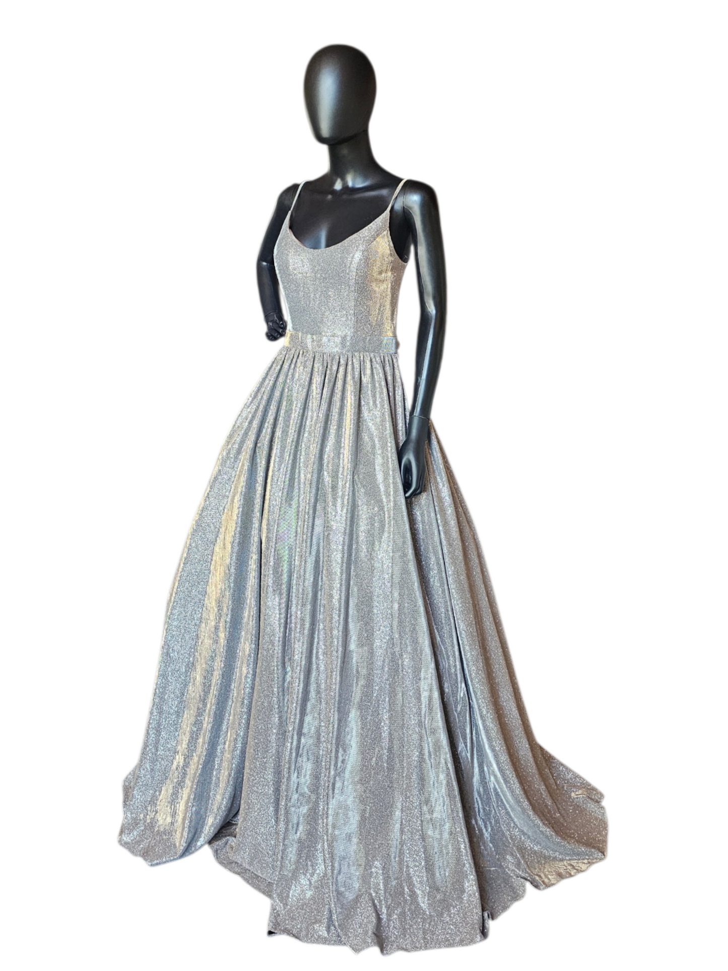 Silver Sparkle Open Back With Sew Up Detail Gathered A-Line Scoop Neck Formal/Prom Dress- Jovani