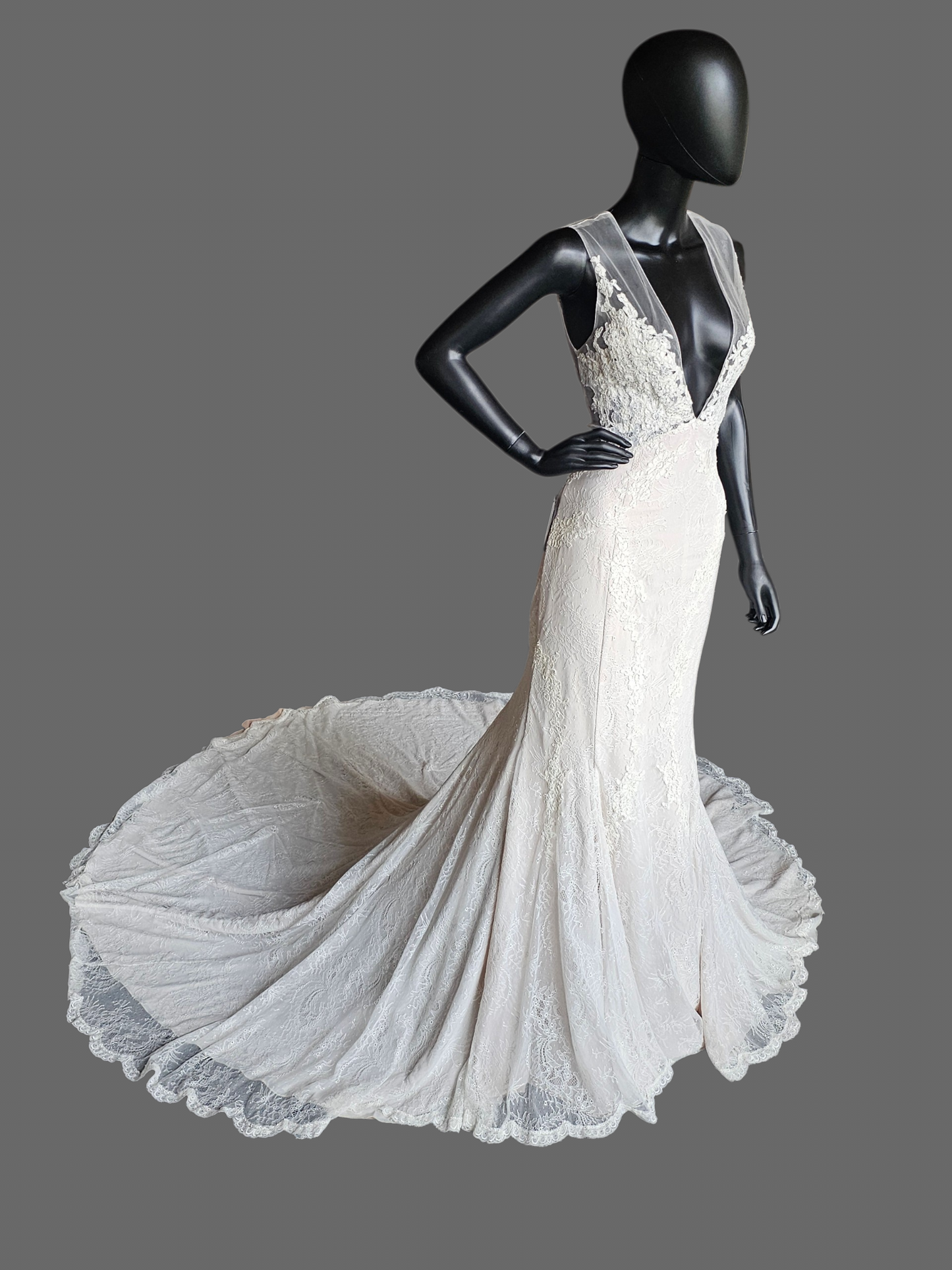 Ivory Illusion Plunge Thick Strap Floral Lace Fit/Flare Wedding Gown - Alyne