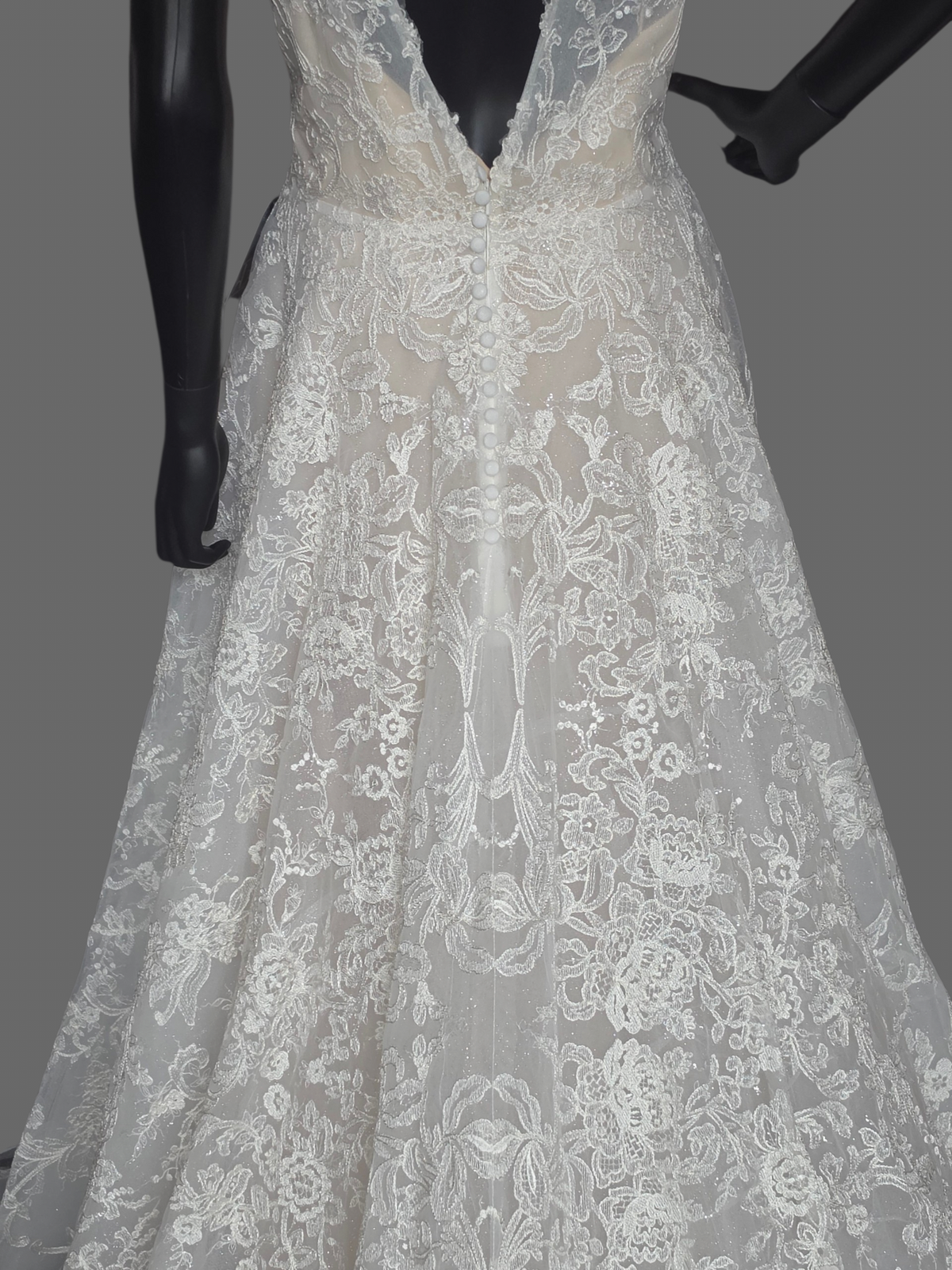 Ivory/Nude 3-Look Lace Plunge Sparkle A-Line Wedding Gown W/Detatch Sleeve - Martin Thornburg